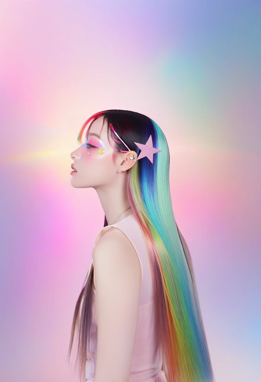 <lora:Editorial_Styles_SDXL:0.7> female, profile, side view, long hair, straight hair, rainbow hair, colorful hair, gradient hair, vibrant colors, star hairpin, makeup, pink eyeshadow, glossy lips, studio lighting, surreal background, dreamy, futuristic, young adult, fashion, stylish, soft pastel tones, ethereal, portrait, beauty, creative photography,