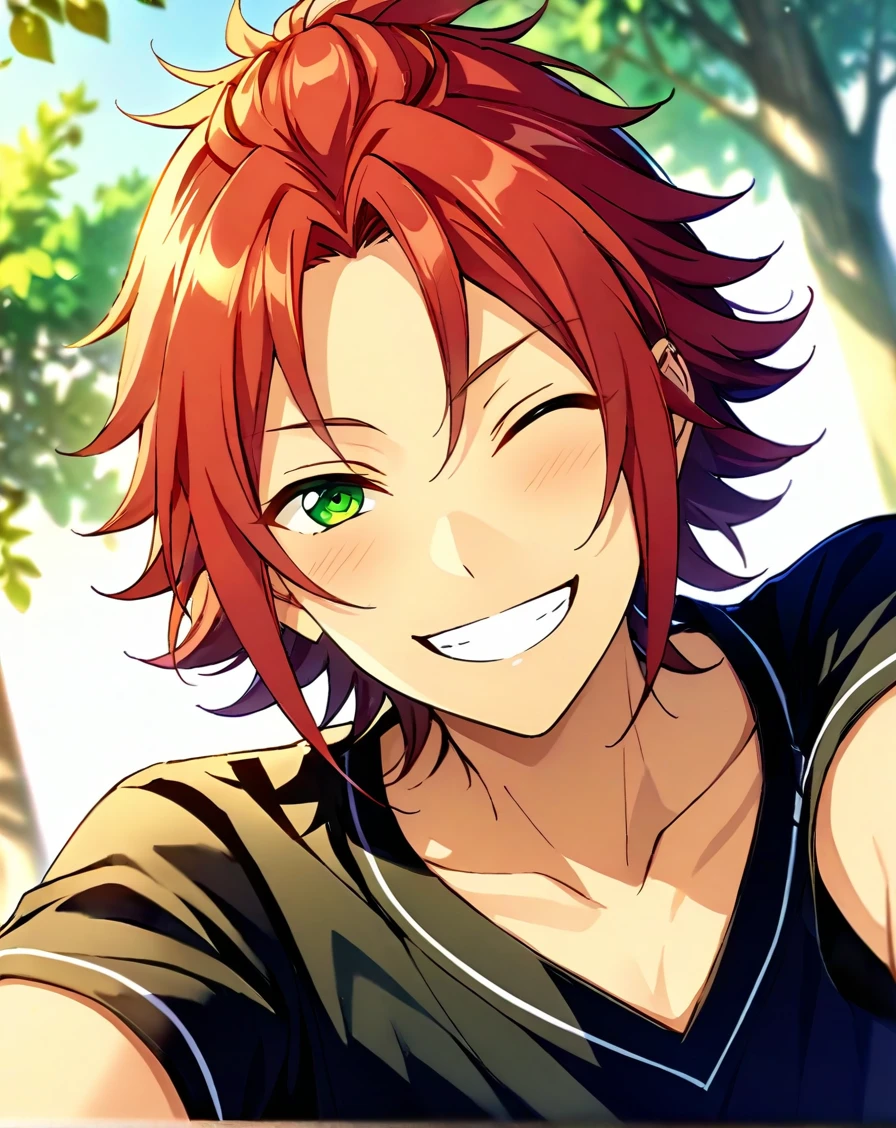 masterpiece, best quality, very aesthetic, absurdres, very detailed, score_9, score_8_up, score_7_up, depth of field, ((1boy, solo, male only, male focus, face focus)), (isara_mao, green eyes, red hair, medium hair, long bangs, adult), happy, one eye closed, smiling, teeth, looking at viewer, facing viewer, collarbone, outdoors, <lora:Lightning-8:1> <lora:Isara_Mao_SDXL_LoRA:0.74>