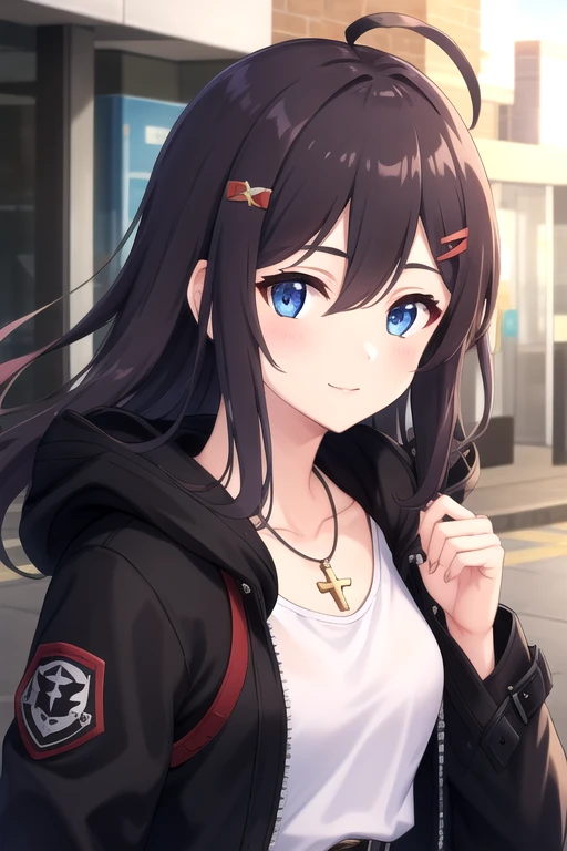 ((masterpiece)),(best quality),official art,extremely delicate and beautiful,extremely detailed CG,unity 8k wallpaper,ultra detailed,beautiful detailed eyes,extremely detailed face,outdoors,1girl,solo,upper body,(portrait:1.5),looking at viewer,facing viewer,smile,Yui(hoodier),ahoge,long hair,purple hair,floating hair,hair intakes,hairclip,hair ornament,sidelocks,hair between eyes,bangs,blue eyes,collarbone,jewelry,necklace,hood,black coat,open coat,open clothes,zipper,long sleeves,sleeves past wrists,white tank top,medium breasts,skindentation,midriff peek,sleeves past fingers,white belt,belt buckle,black shorts,short shorts,zettai ryouiki,black thighhighs,high heel boots,knee boots,cross-laced footwear,platform footwear,black footwear,<lora:Yui(hoodier):0.8>,