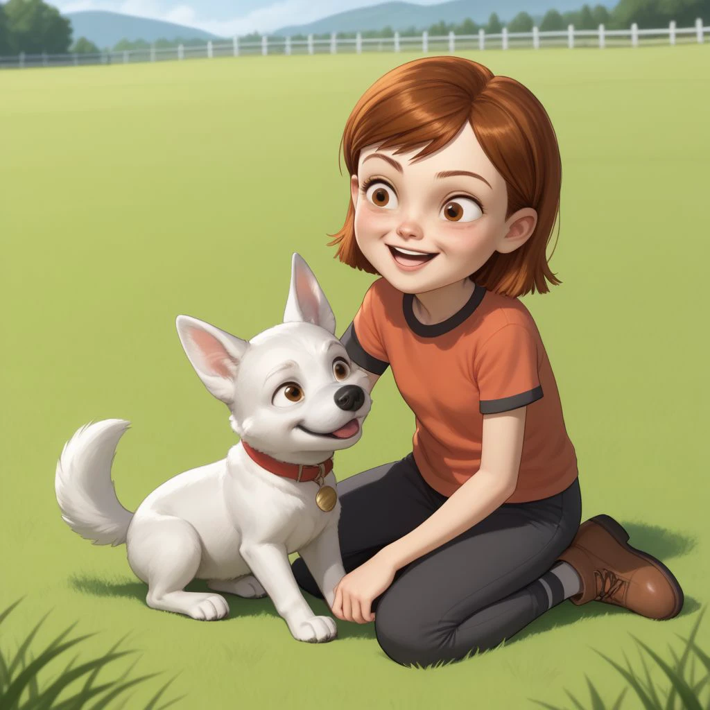 score_9, score_8, score_7, BREAK, penny,  brown hair, short hair, brown eyes, female child, sitting in grass, petting dog, dog, bolt, open smile.