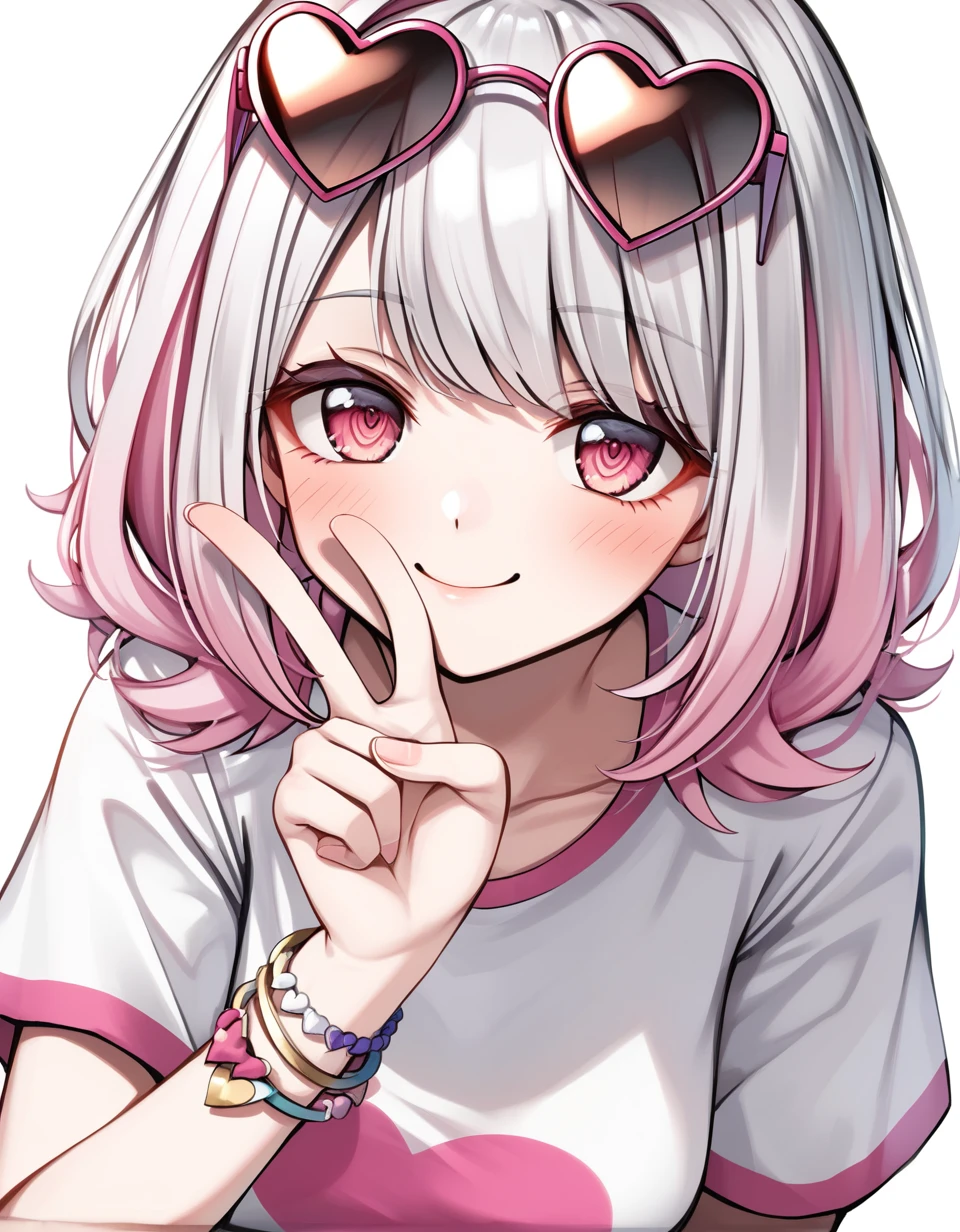 1 girl , (( solo )) , upper body, leaning forward, looking at viewer, v , <hatosangu_sdxl_0001:0.7>, hatosangu, heart sunglasses, sunglasses on head, silver hair, pink hair, medium hair , bracelet, white t-shirts , ultra-detailed, 4k, white background , good hand , perfect hands,