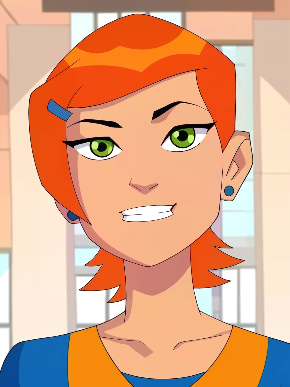<lora:Gwen:0.7> gw_n, 1girl, pale skin, green eyes, short orange hair, blue hair clip, sapphire earrings,
<lora:Calm-no-fellatio_Sankaku_winsor-05-95_da2_20240222_with-txt_pony-v6:0.9>, score_9, score_8_up, score_7_up,