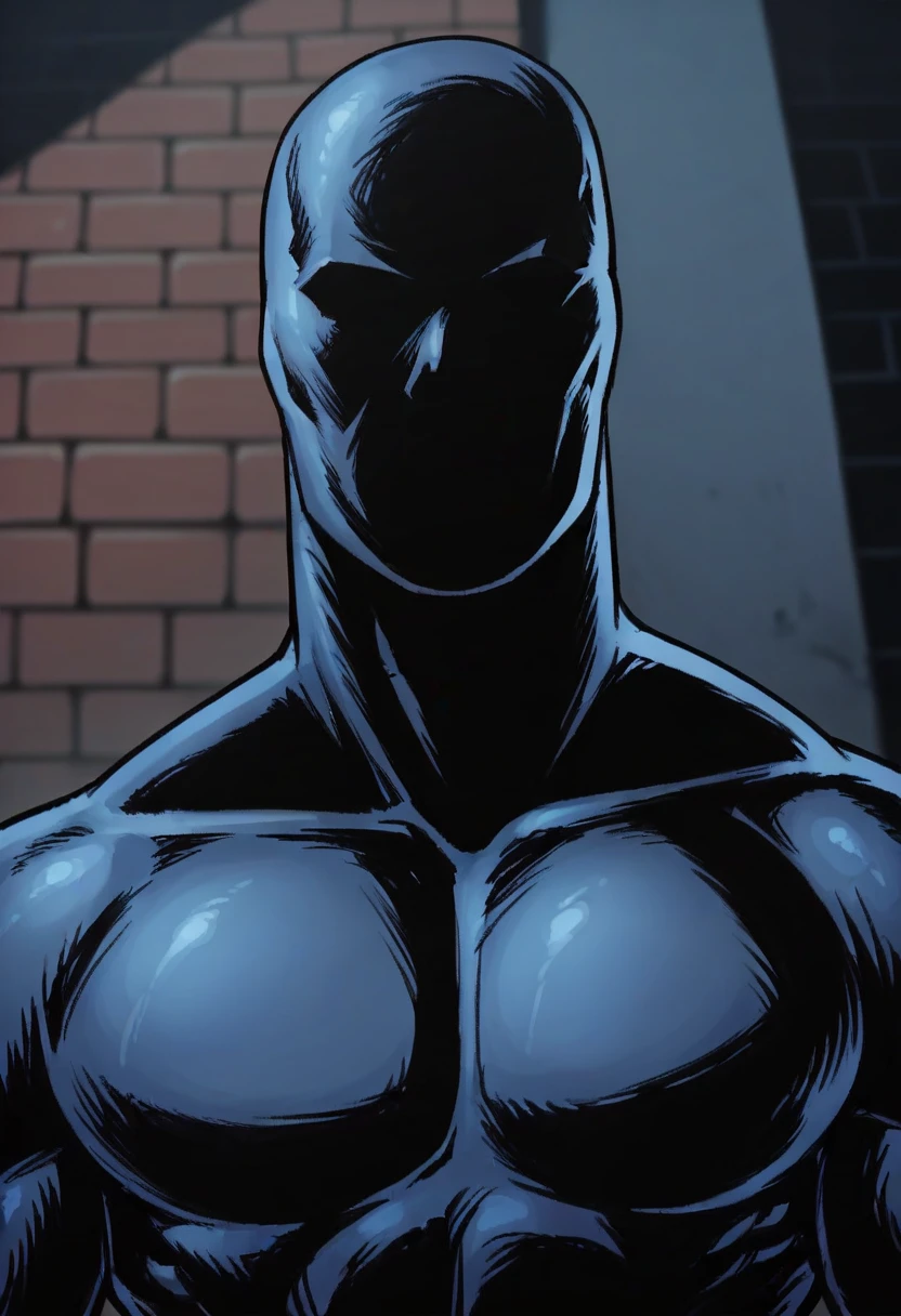 score_9, score_8_up, score_7_up, score_6_up, score_5_up, score_4_up, <lora:BlackNoir:0.7> solo, faceless, bodysuit, muscular, upper body, view from above, blue theme, 
alley background, brick wall, blurry background,