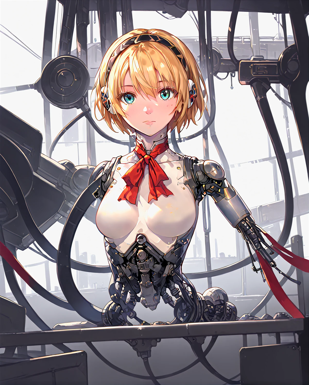 robotorso, robot skin, android, robot joints, android, cable, upper body, robot girl, android girl, 1girl, petite, slim, cute, dazed expression, intricate eyes, upper body, hanging from straps, cables, wires, tubes, suspended, no nipples,
in a factory, futuristic factory, industrial setting, intricate background, cyberpunk, highly detailed, nsfw
<lora:Robotorso_PONY_v0.3:0.7> <lora:Test:1> detailed background <lora:RobotSkin_Pony_v1.05:0.8> <lora:persona3_aegis_ponyXL:1> p3aegis, android, robot joints, hairband, headphones, red bow, score_9, score_8_up, score_7_up, source_anime,
masterpiece, 4k, 8k, highly detailed,