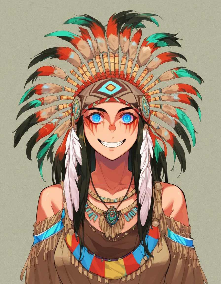 Psychedelic style score_9, score_8_up, score_7_up, score_6_up, score_5_up, score_4_up, 1girl, long hair, blue eyes, native american, dress, hud_n_a_hddrss, headdress, feathers, headband, <lora:hud_n_a_hddrss_XLP:0.8>, smile . Vibrant colors, swirling patterns, abstract forms, surreal, trippy