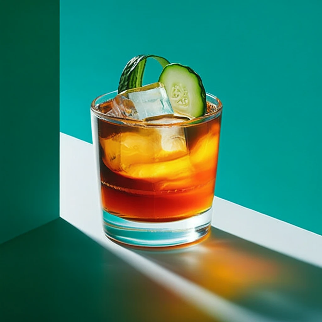 cocktail, rocks glass, dark orange transparent fluid color, with one big ice cube, cucumber garnish, garnish in glass, clear glass, left teal background, right yellow background, white floor, shadow play, rainbow effect, geometric setup