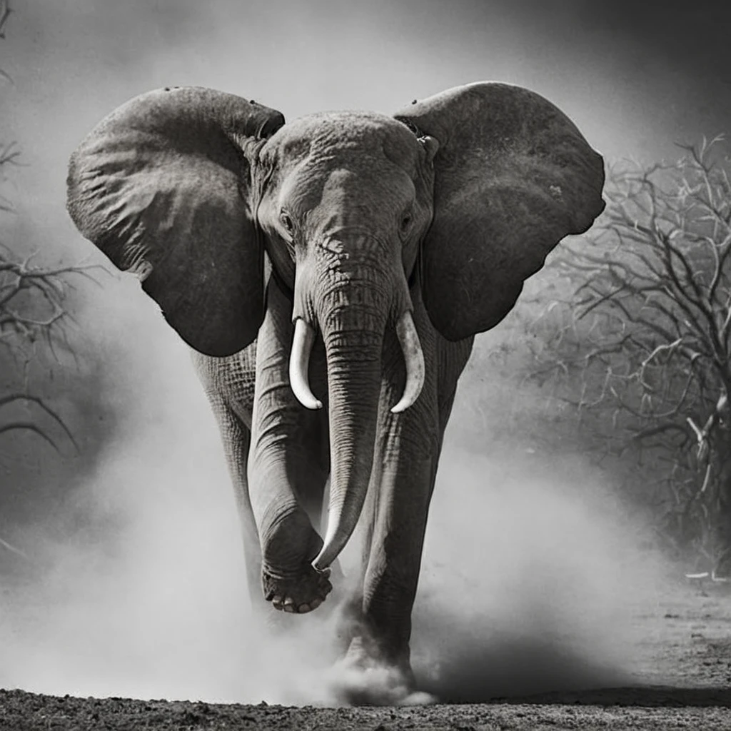 a (black and white:1.5) photo of a menacing african elephant with big tusks charging with its ears flared out, kicking up dirt and dust, in the savannah, dramatic light, blurred background, high contrast, extreme details, intricate details, 8k, 35mm photo, photorealism, realistic photo, national geographic style, masterpiece