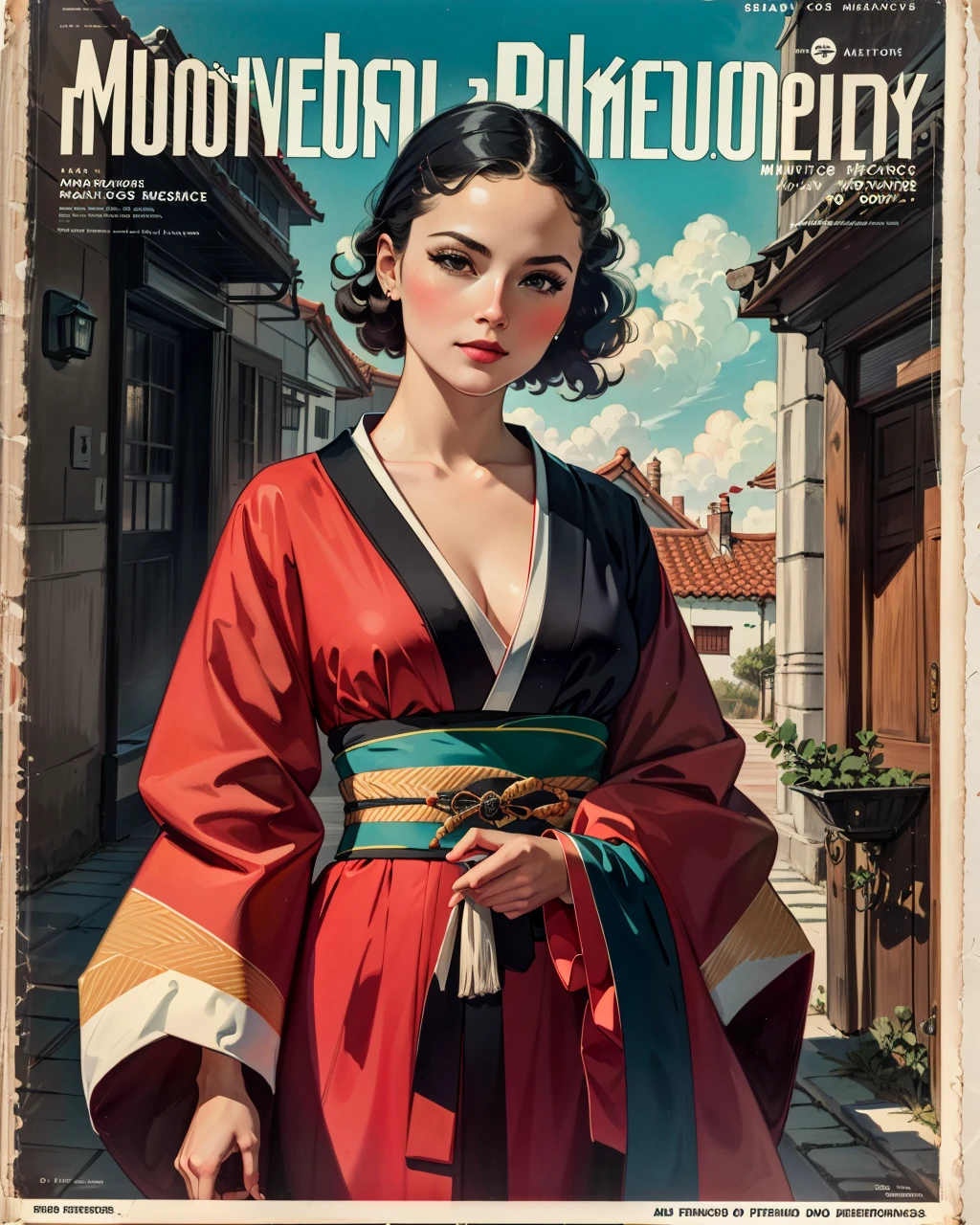 best quality,masterpiece,highly detailed,ultra-detailed, 
magazine cover of 1girl, kimono, science fiction, 
 <lora:neg9V2_last:0.7>  
 pulpmagazine, retro artstyle <lora:pulpmagazine_V02:1>