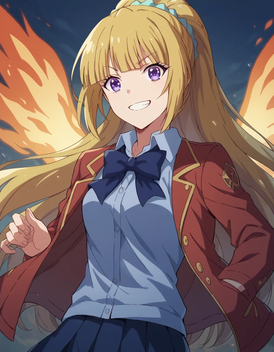 score_9, score_8_up, score_7_up, source_anime, 
keikaruizawa, <lora:kei-karuizawa-anime-s2-ponyxl-lora-nochekaiser:1>, 
kei karuizawa, long hair, bangs, blunt bangs, purple eyes, blonde hair, shirt, hair ornament, ponytail, scrunchie, blue scrunchie,
skirt, shirt, bow, school uniform, jacket, red jacket, pleated skirt, bowtie, sweater, blue bow, blue shirt, 
grin, <lora:fiery-wings-ponyxl-lora-nochekaiser:1>, fiery wings,
looking at viewer, cowboy shot, dutch angle, solo,