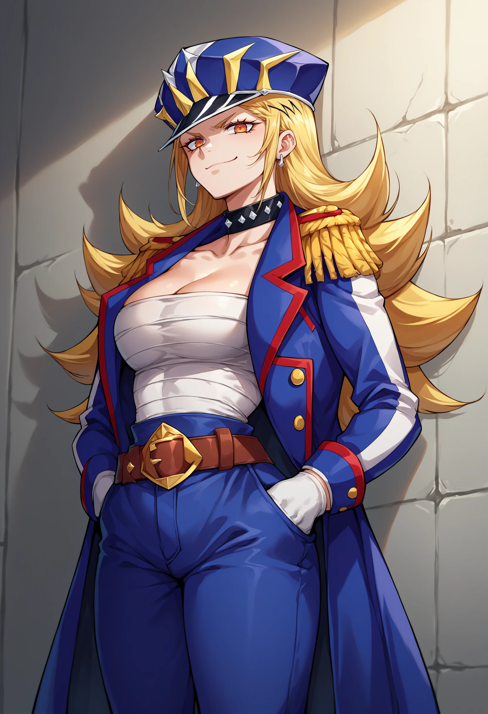 score_9, score_8_up, source_anime, 1girl, solo, KamiuntenMira, long hair, peaked cap, spiked collar, blue coat, epaulettes, sarashi, cleavage, collarbone, white gloves, brown belt, blue pants, hands in pockets, leaning against wall, smirk, <lora:ChamKamiuntenMiraPonyXL:1>