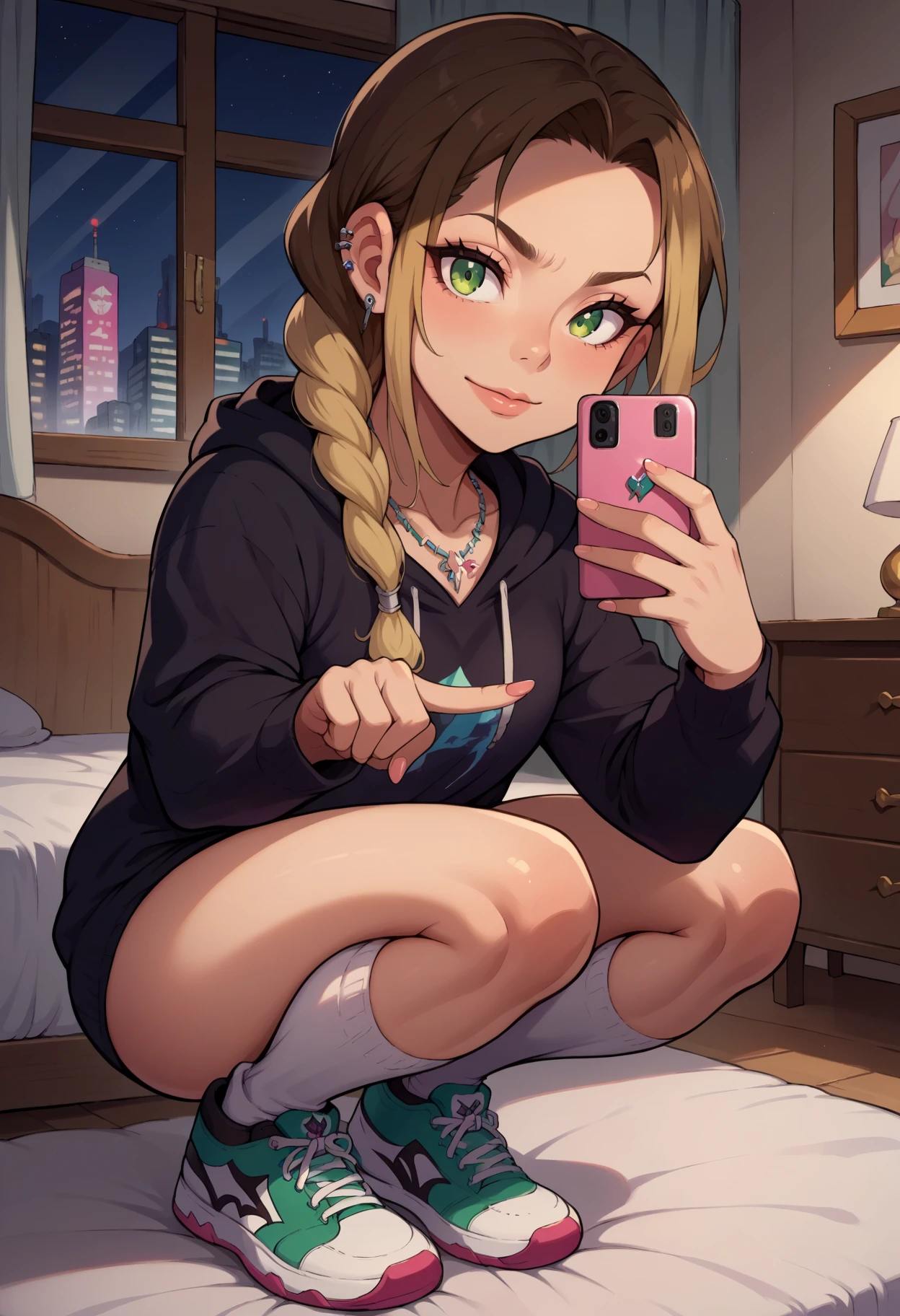score_9, score_8_up,score_7_up, source_anime,1girl, solo, <lora:EPmhsKayna:1>, EPmhsKayna, green eyes, multicolored hair, brown hair, blonde hair, sidelocks, braided ponytail, long hair, necklace, ear piercing, black hoodie, white socks, kneehighs, sneakers, black sneakers, squatting, selfie, taking picture, mirror selfie, bedroom, bed, mirror, at a dark room, at night , city view from the window, gyaru,