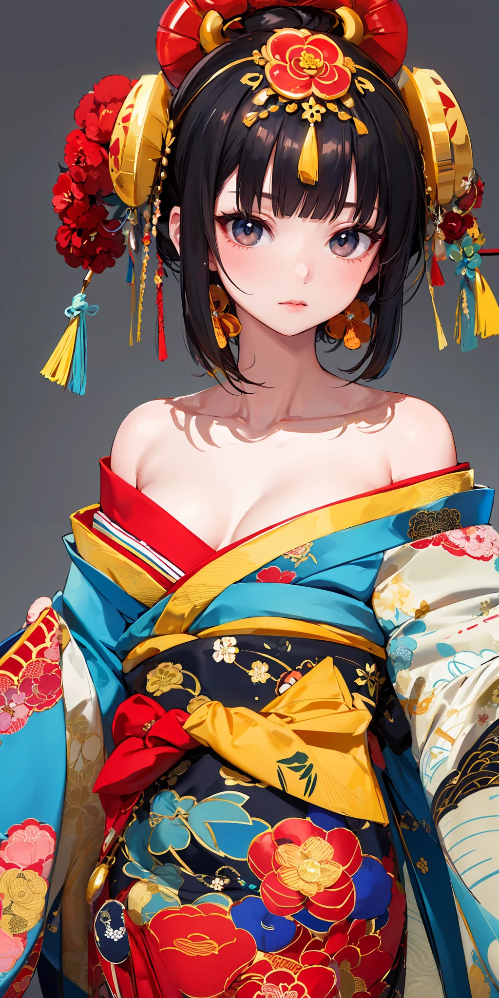 masterpiece,ultra-detailed,best quality,8K,illustration,cute face,clean skin ,shiny hair,
girl,,simple background,cowboy shot, <lora:oiran_V1.0:0.8> oiran, hair ornament, japanese clothes, floral print,off shoulder