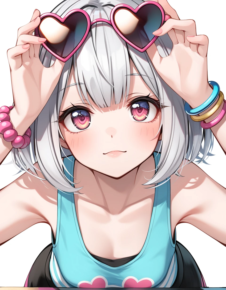 1 girl , (( solo )) , upper body, leaning forward, looking at viewer , look up, spread arms, <hatosangu_sdxl_0001:0.7>, hatosangu, heart sunglasses, sunglasses on head, pink and silver hair, medium hair , bracelet, tank top , ultra-detailed, 4k, white background , good hand , perfect hands,