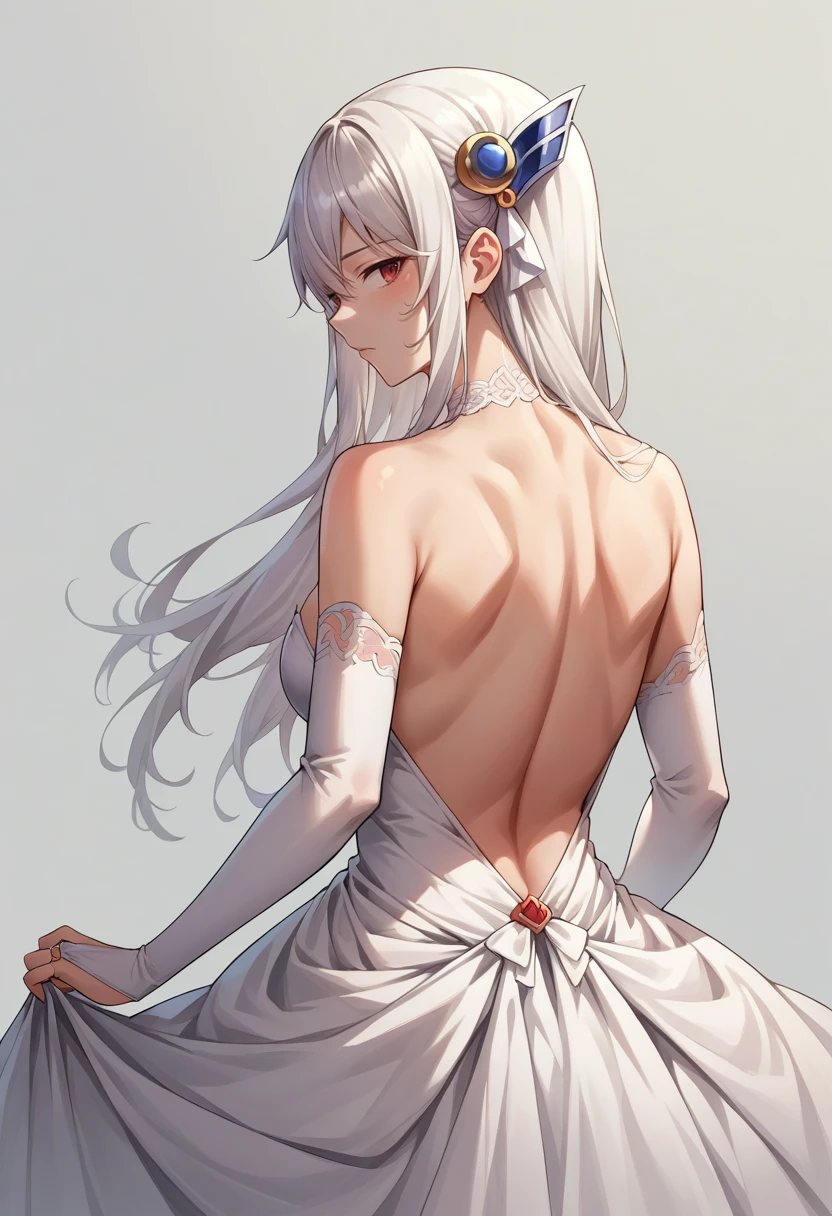 score_9, score_8_up, source_anime, 1girl, solo, UzenKyouka, long hair, hair ornament, backless dress, bridal gauntlets, from behind, looking back, twisted torso, back, nape, strapless dress, wedding dress, white dress, simple background, <lora:ChamUzenKyoukaPonyXL:1>