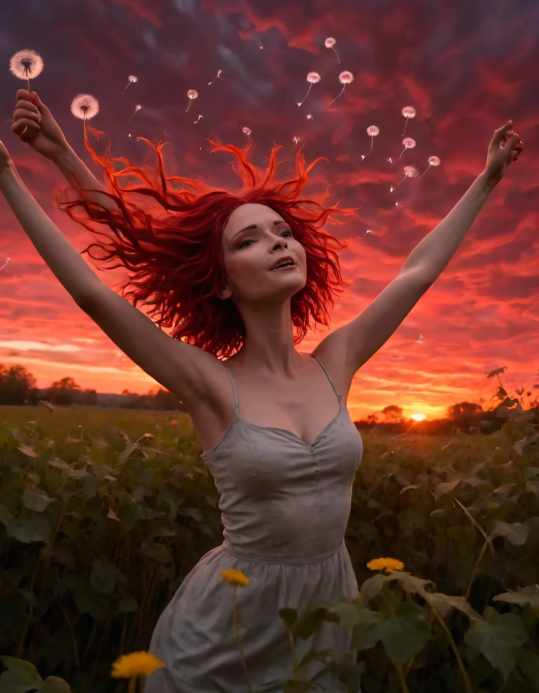 In the heart of her dreamscape, where neon clouds swirl and dandelion fields glisten beneath a crimson sunset, a solitary girl with vibrant red hair, its length barely reaching her shoulders, floats gracefully above, arms outstretched in an expression of pure joy, her delicate form adorned with vines that mimic the ivy creeping across the landscape. Jannet <lora:yymtzi18fc99044bcu9b:1>