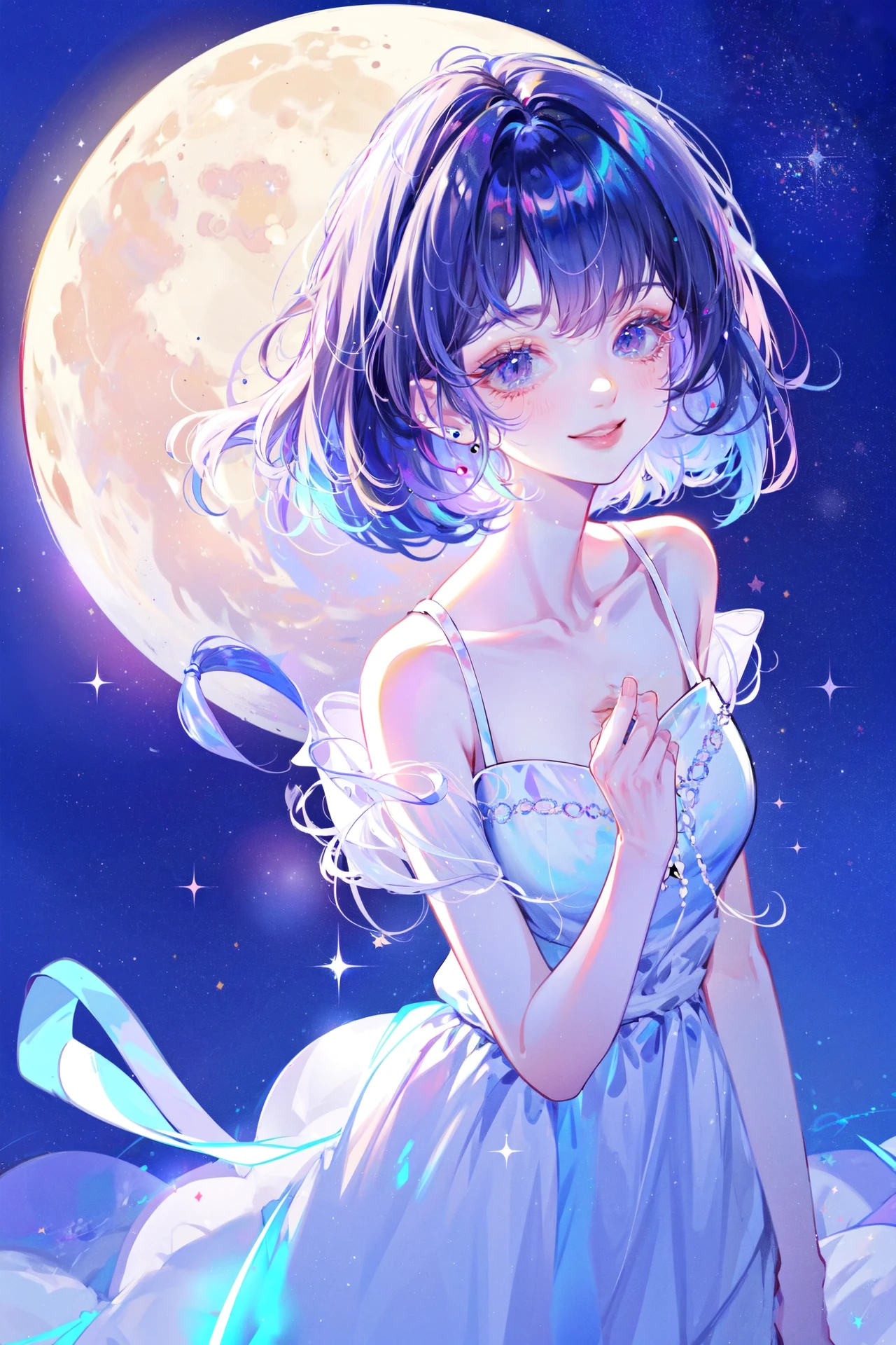 ((best quality, masterpiece, absurbres, super-resolution)) beautiful, movement, alluring. smiling, starry sky, ambience, moon, night sky, colorful lighting, cinematic lighting, neon light glowing, medium shot