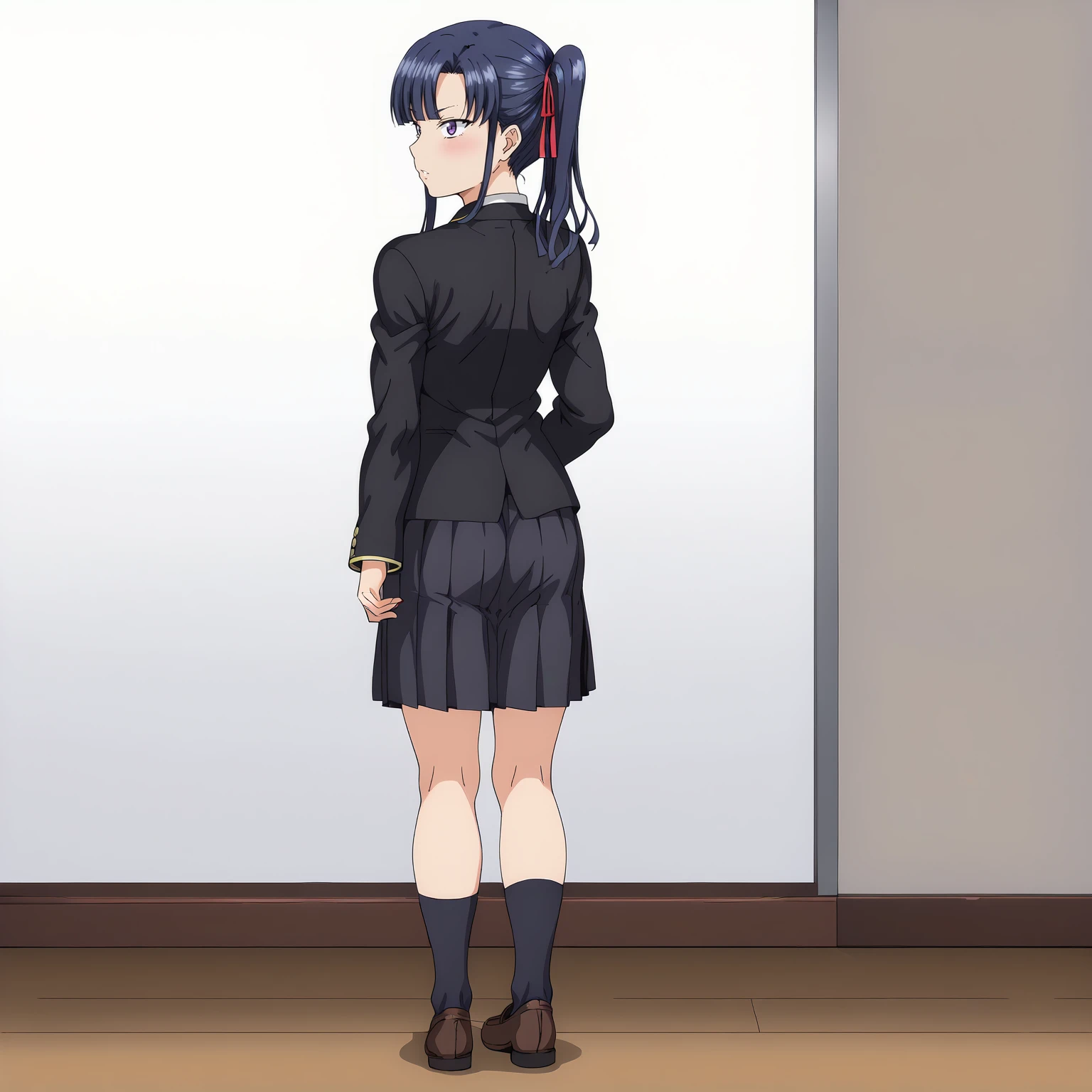 <lora:SakuraMiyajimaXLpony003>,
blush,parted lips,
solo,
SakuraMiyajima,1girl,blue hair,side ponytail,purple eyes,hair ribbon,
school_uniform,black blazer,long_sleeves,
pleated_skirt,
black socks,
full body,standing,looking back,