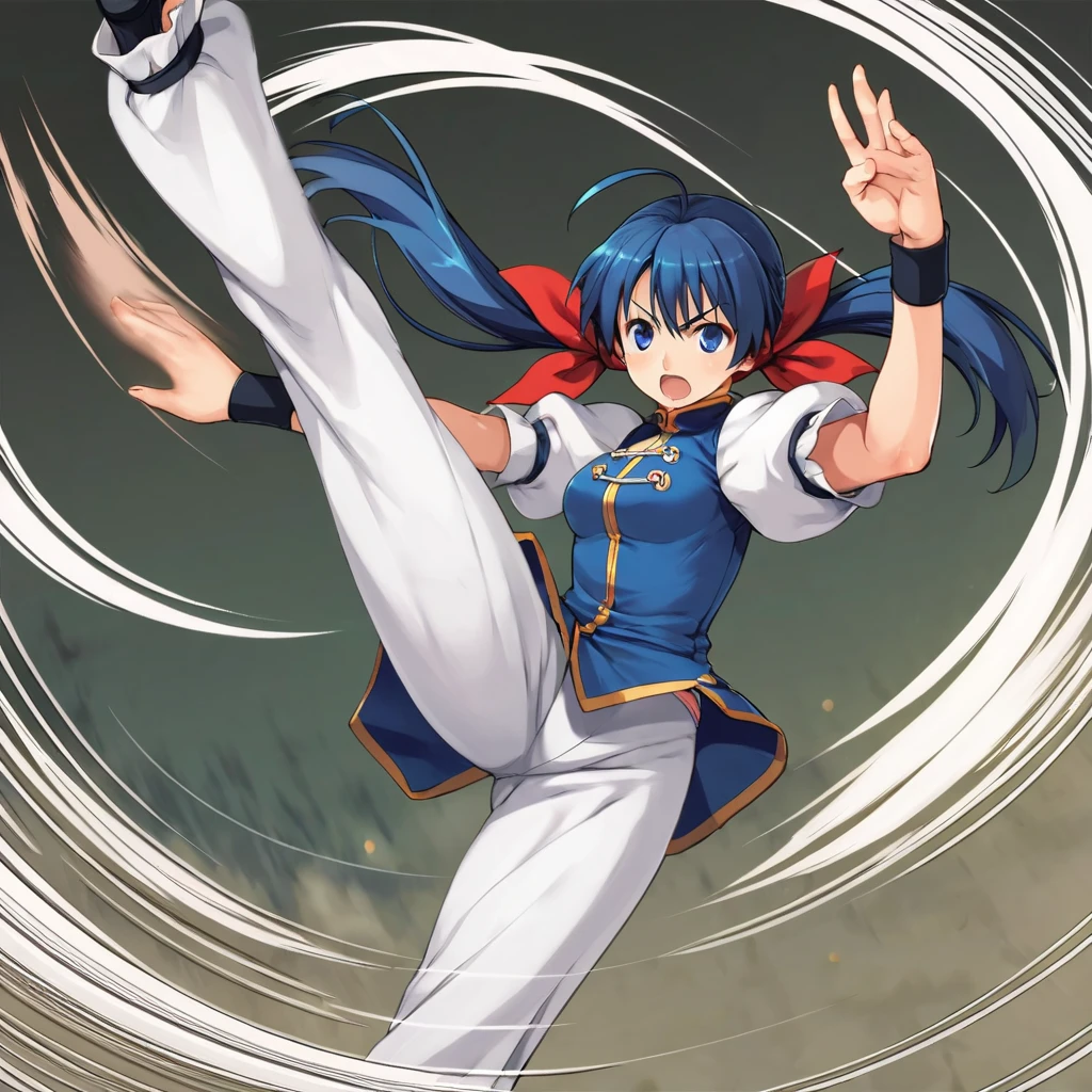 score_9, score_8_up, score_7_up, BREAK source_anime, best quality, masterpiece, uncensored, solo, 1girl, <lora:hotaru_pony:0.9> hotaru, blue hair, twintails, low twintails, long hair, hair ribbon, ahoge, blue eyes, blue chinese clothes, white sleeves, puffy short sleeves, white pants, (kicking,high kick:1.3), standing on one leg, fighting stance, motion lines, speed lines, attack trail, dynamic pose, dutch angle, game cg