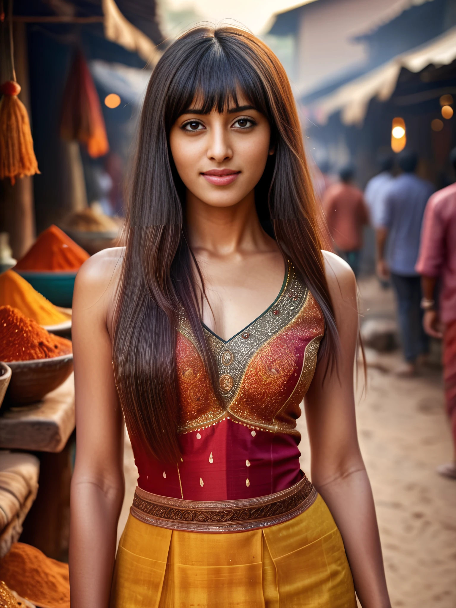 photo of a 25-year-old desilatte woman outdoors, dressed in ethnic wear, long straight hair with bangs, accurate anatomy, highly textured skin, color-graded, dramatic lighting, at a spice market in India with mounds of turmeric and chilli powder in background bokeh