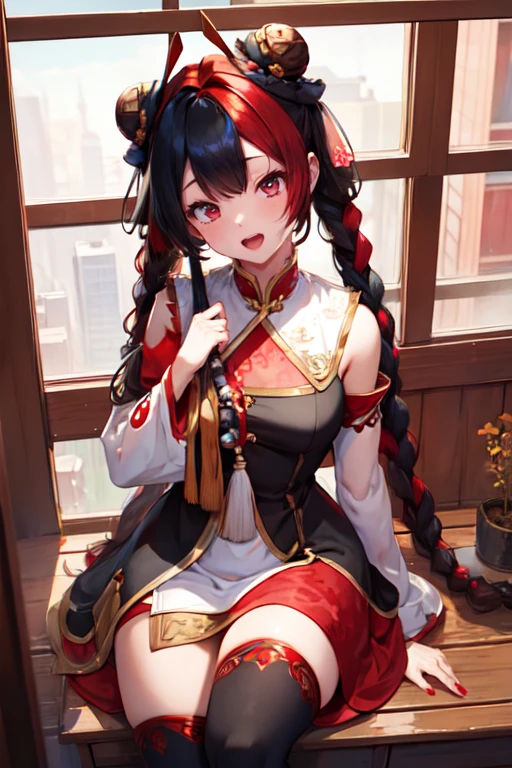 1girl,multicolored hair,red hair,black hair,red eyes,long hair,dress,breasts,open mouth,mythmakergwen,hair ornament,solo,looking at viewer,thighhighs,detached sleeves,jewelry,closed eyes,hair bun,double bun,red lips,red nails,bangs,hair rings,split-color hair,two-tone hair,sitting,makeup,night,streaked hair,very long hair,twin braids,one eye closed,fingernails,sharp fingernails,window,chinese clothes,portrait,toes,nail polish,red thighhighs,<lora:mythmakerGwen:0.7>,