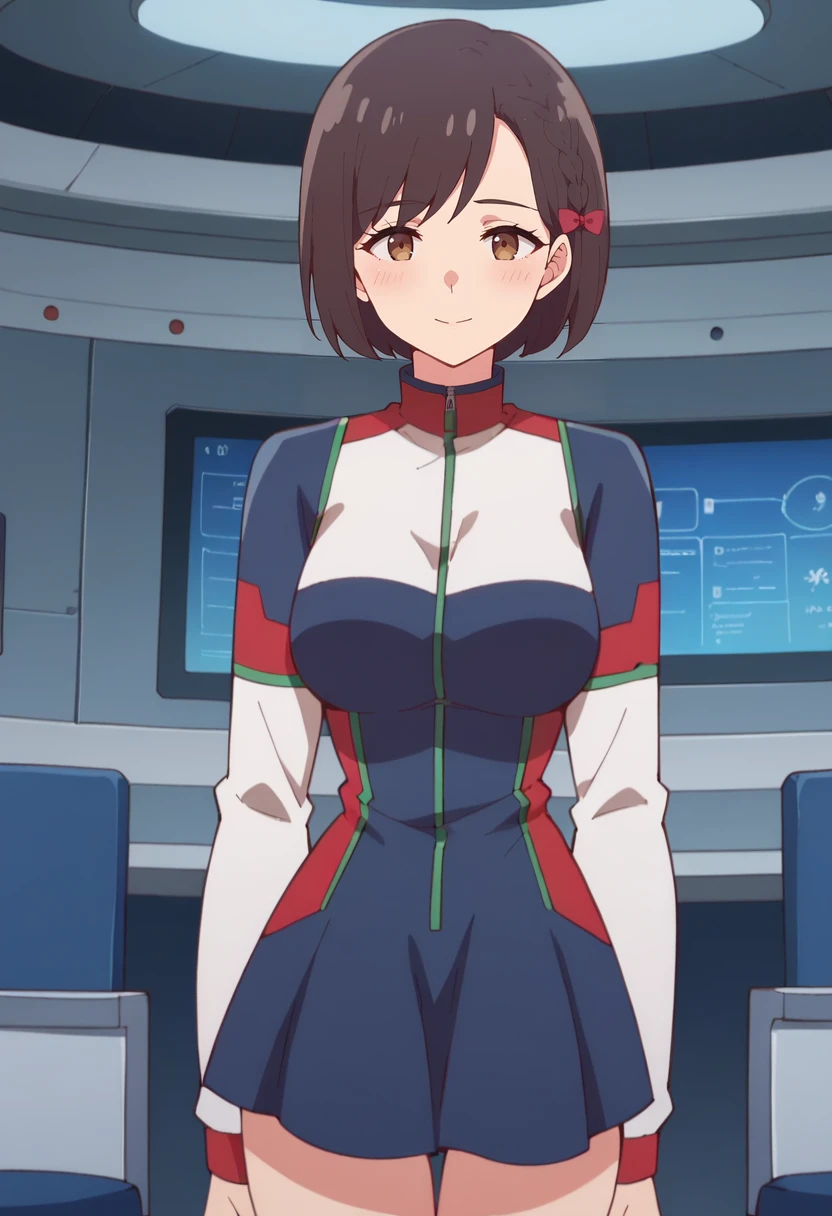 score_9, score_8_up, score_7_up,
<lora:KanataNoAstra_YunhuaLuXL:0.8>, YunhuaLu,
1girl, solo, closed mouth, light smile, light blush,
brown hair, brown eyes, short hair, red bow, hair behind ear,
YunhaDress, multicolored dress, blue dress, white dress, short dress, long sleeves, zipper,
standing, looking at the viewer, thigh gap,
science fiction, indoors, spacecraft interior