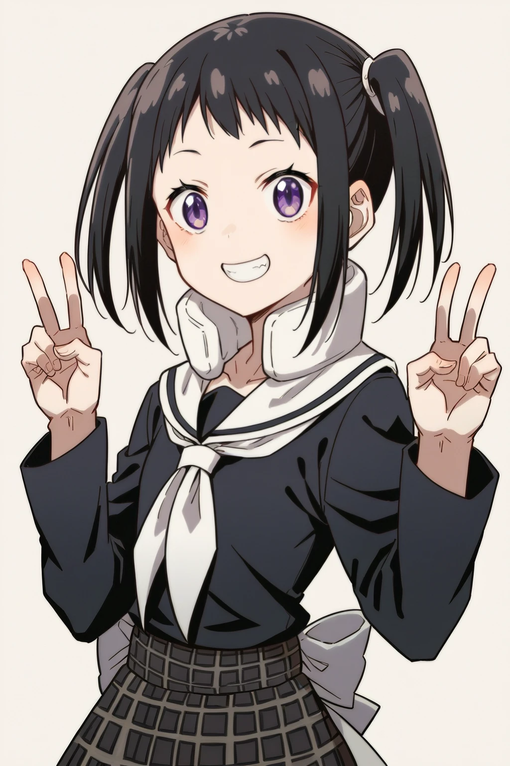 tsugumi score_9, score_8_up, score_7, source_anime, 1girl, solo, cowboy shot, smile, teeth, hands up, double v, standing, black hair, twintails, purple eyes, shibusen uniform, black shirt, white collar, white neckerchief, high collar, back bow, black bow, black skirt, plaid skirt, simple background, white background