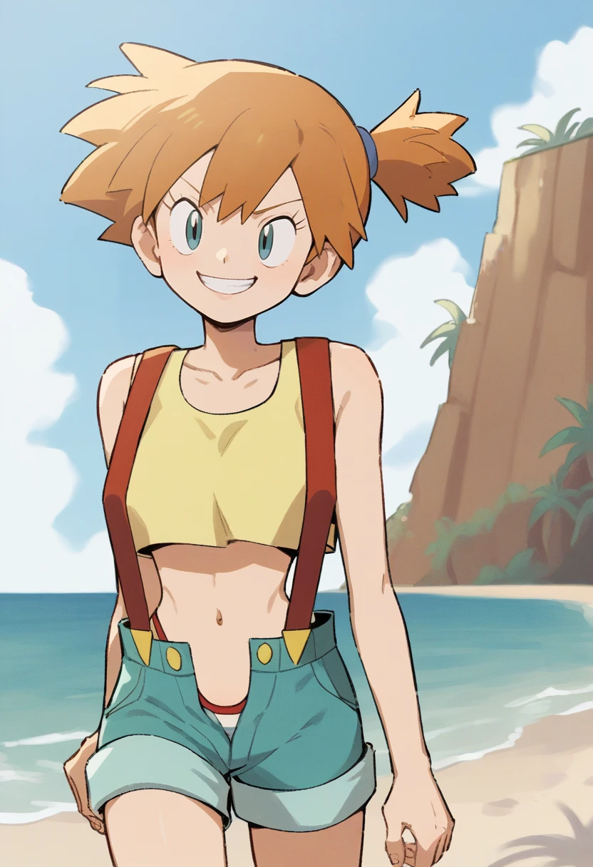 score_9, score_8_up, score_7_up, score_6_up, score_5_up, score_4_up, BREAK,
misty \(pokemon\), orange hair, wearing a yellow crop top and a short shorts, thong, suspenders, challenging the viewer, smirk, BREAK, sand, sea, blue sky, tropical island background      <lora:MMMinamiPXLLocon:1>