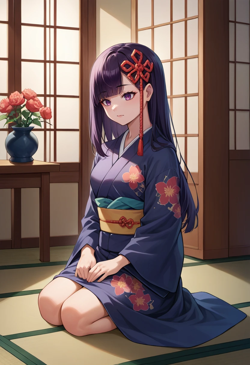 score_9, score_8_up, source_anime, 1girl, solo, YamashiroRen, long hair, blunt bangs, hair ornament, indoors, kimono, hair flower, floral print, wariza, kneeling, <lora:ChamYamashiroRenPonyXL:1>