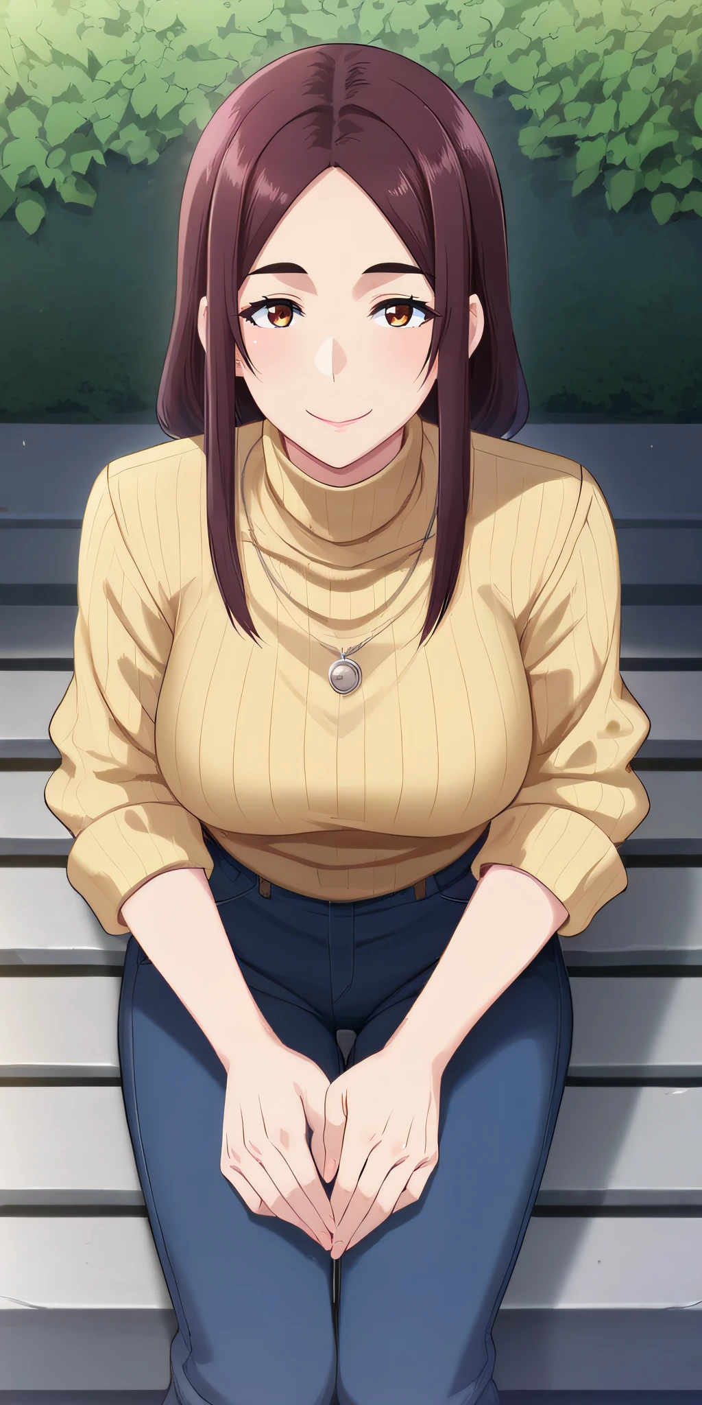 score_9, score_8_up, score_7_up, source_anime, rating_safe, intricate details, anime screencap, official style, <lora:Hazama_Eri:1>, eri, brown eyes, necklace, large breasts, turtleneck, ribbed sweater, yellow sweater, hair over shoulder, looking at viewer, five fingers, blue pants, rolled-up sleeves, arms at sides, outdoor, sitting on bank, long sweater, from above, full body, black heel, feet, smile