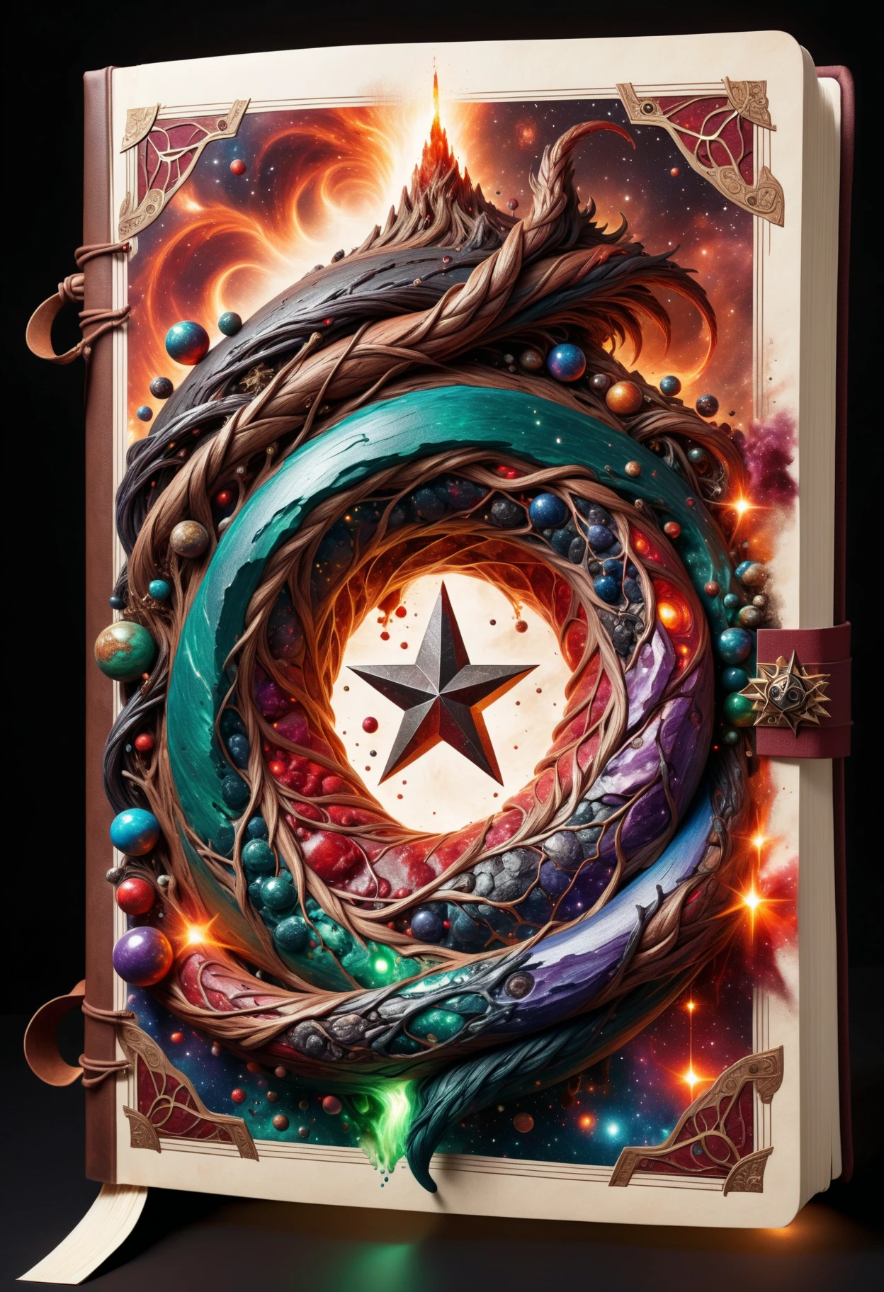 DonM34r7h3l3XL, tomes of forbidden knowledge, spiral binding, embossing, star stuff (a fictional substance), , <lora:DonM34r7h3l3XL:1>