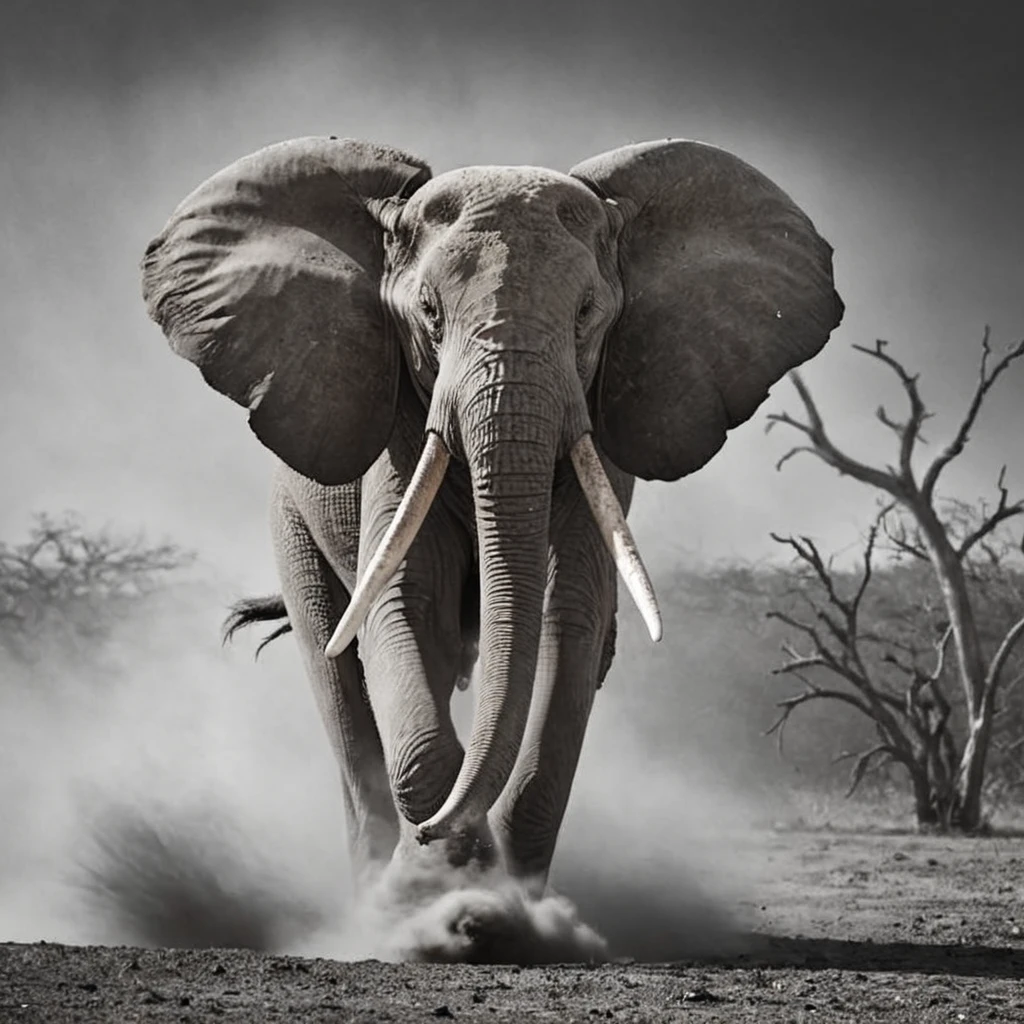 a (black and white:1.5) photo of a menacing african elephant with big tusks charging with its ears flared out, kicking up dirt and dust, in the savannah, dramatic light, blurred background, high contrast, extreme details, intricate details, 8k, 35mm photo, photorealism, realistic photo, national geographic style, masterpiece