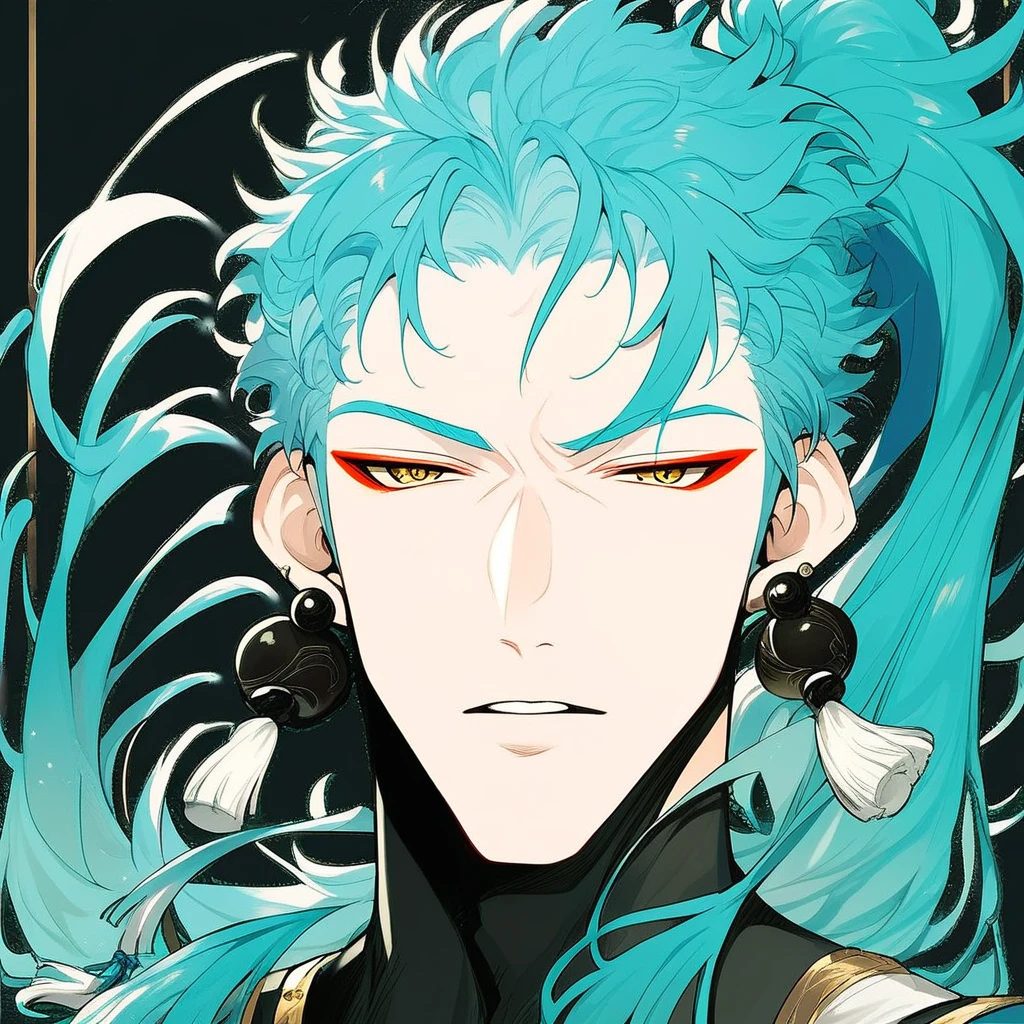 wuthering waves style, 1boy, male focus, solo, earrings, jewelry, ponytail, blue hair, yellow eyes, long hair, white background, looking at viewer, tassel earrings, simple background, portrait, eyeshadow, tassel, makeup, parted lips, score_9, score_8_up, score_7_up, score_6_up, score_5_up, score_4_up, source_anime