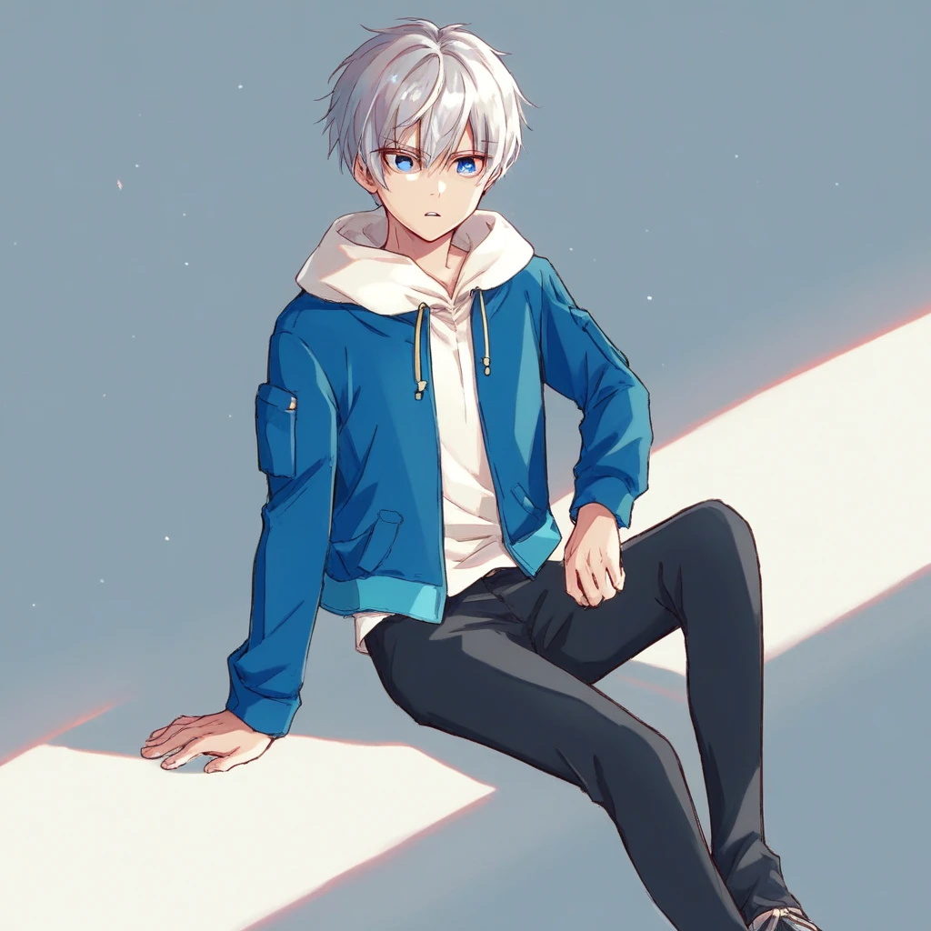 score_9, Black Pepper,1boy, male focus, solo, short hair, white hair, blue eyes, white shirt, blue jacket, sitting, parted lips, black pants