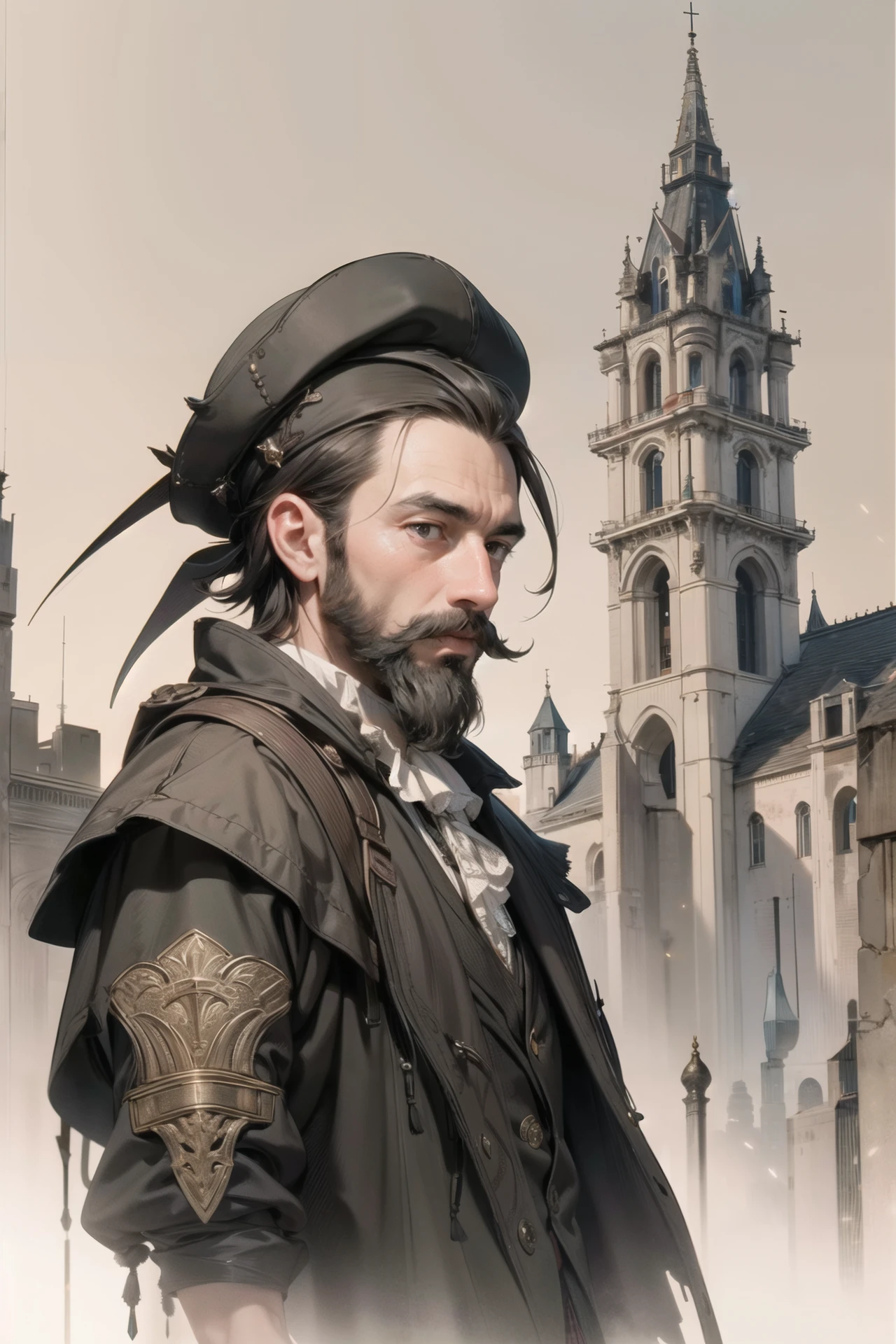 (masterpiece),(best quality),(extremely intricate),(sharp focus),(cinematic lighting),(extremely detailed),17th century man with a beard and mustache looking at the camera., ambient illumination, original, shiny, rich vivid colors, dynamic cinematic perfect background,pg-13,