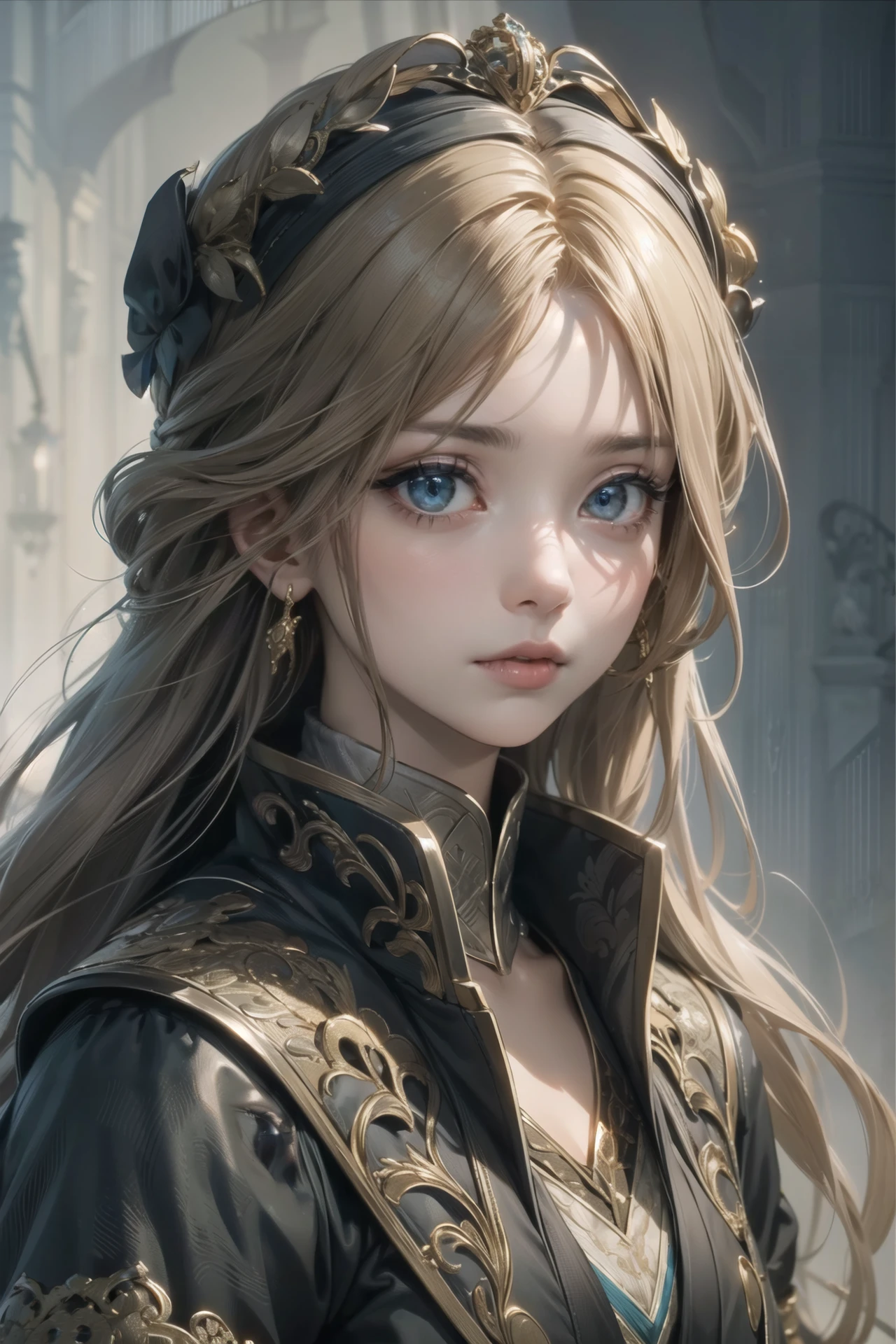 (masterpiece),(best quality),(extremely intricate),(sharp focus),(cinematic lighting),(extremely detailed),A woman with long hair and a gold crown on her head., theatrical, pure, cinematic perfect intricate stunning fine detail, grand illumination,pg-13,