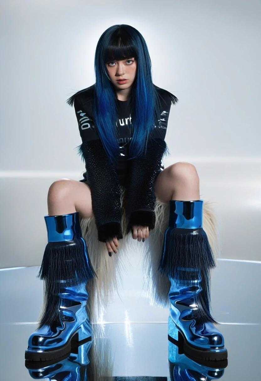 <lora:Editorial_Styles_SDXL:0.7> young woman, blue hair, straight hair, fringe, bangs, sitting pose, reflective floor, black top, furry boots, long hair, intense gaze, fair skin, glossy makeup, fashion photography, studio lighting, edgy aesthetic, futuristic look, high fashion, portrait,