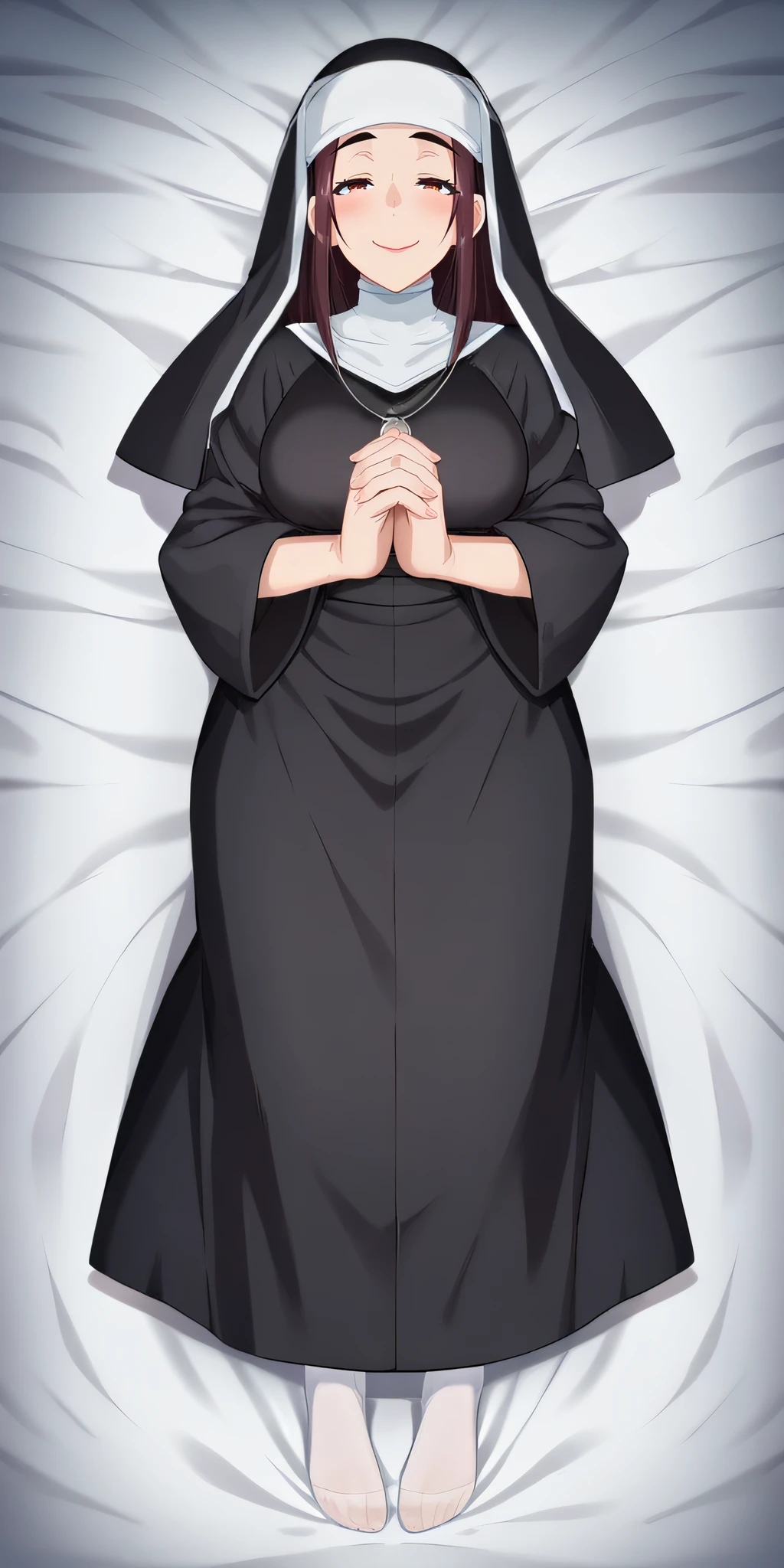 score_9, score_8_up, score_7_up, source_anime, rating_safe, intricate details, anime screencap, official style, <lora:Hazama_Eri:1>, eri, brown eyes, necklace, large breasts, nun, black veil, habit, black dress, smile, looking at viewer, hands together, praying, full body, naughty face, blush, lying on bed, bed sheet, white pantyhose, feet, long skirt