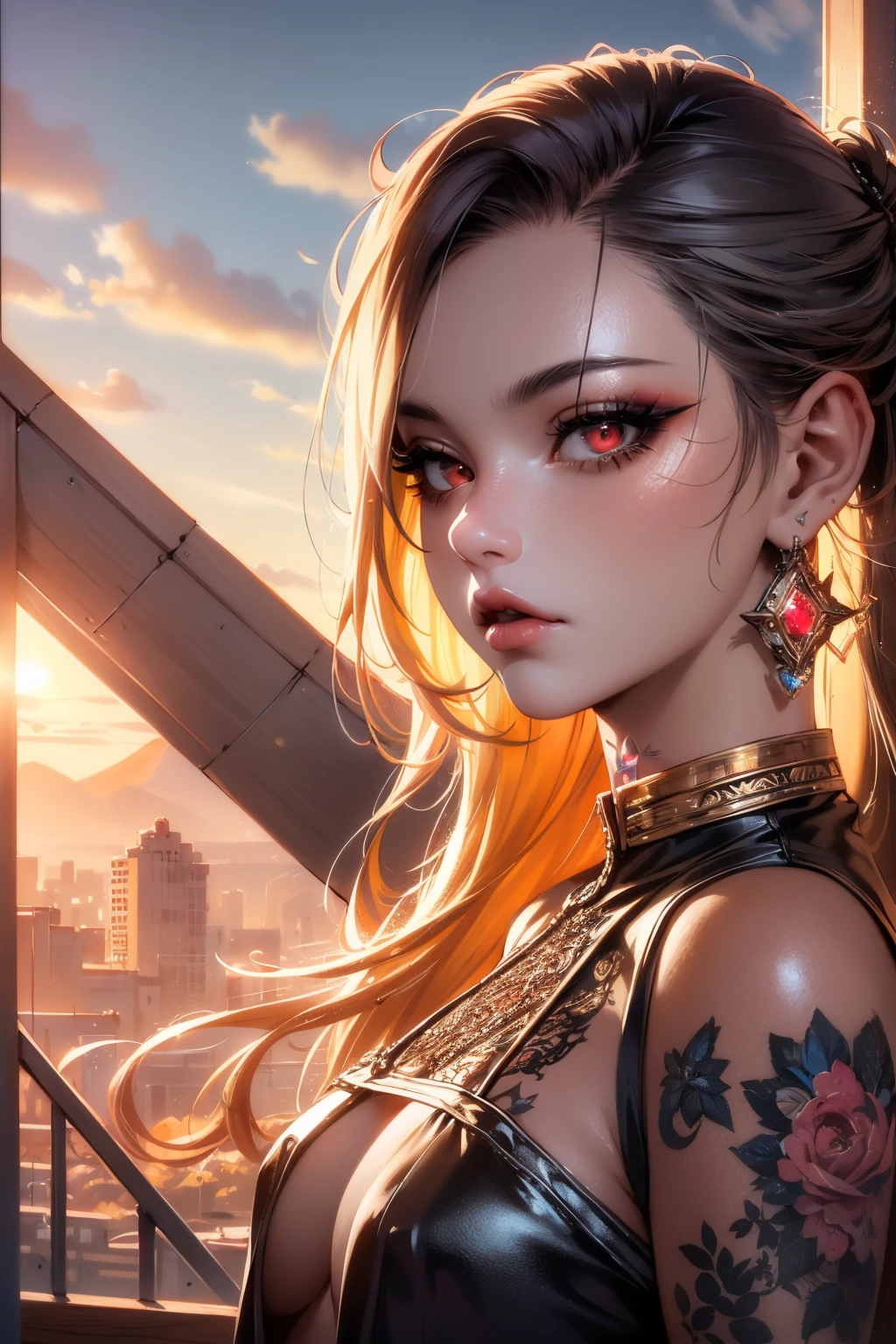 <lora:MJ STYLE 1.0:0.8>,MJ_style,1girl,solo,jewelry,earrings,makeup,red eyes,eyeshadow,eyeliner,tattoo,portrait,Dreamy Cloudscape with Floating Islands,Colored neon lights for an edgy and futuristic look (Colored Neon Lights)., edge quality, perspective silhouette, 8k, best quality, masterpiece, extremely detailed, rule of thirds, photorealistic, superb, HDR, high resolution, sharp focus, photorealistic rendering, extremely detailed description, professional, gorgeous and intricate detail,