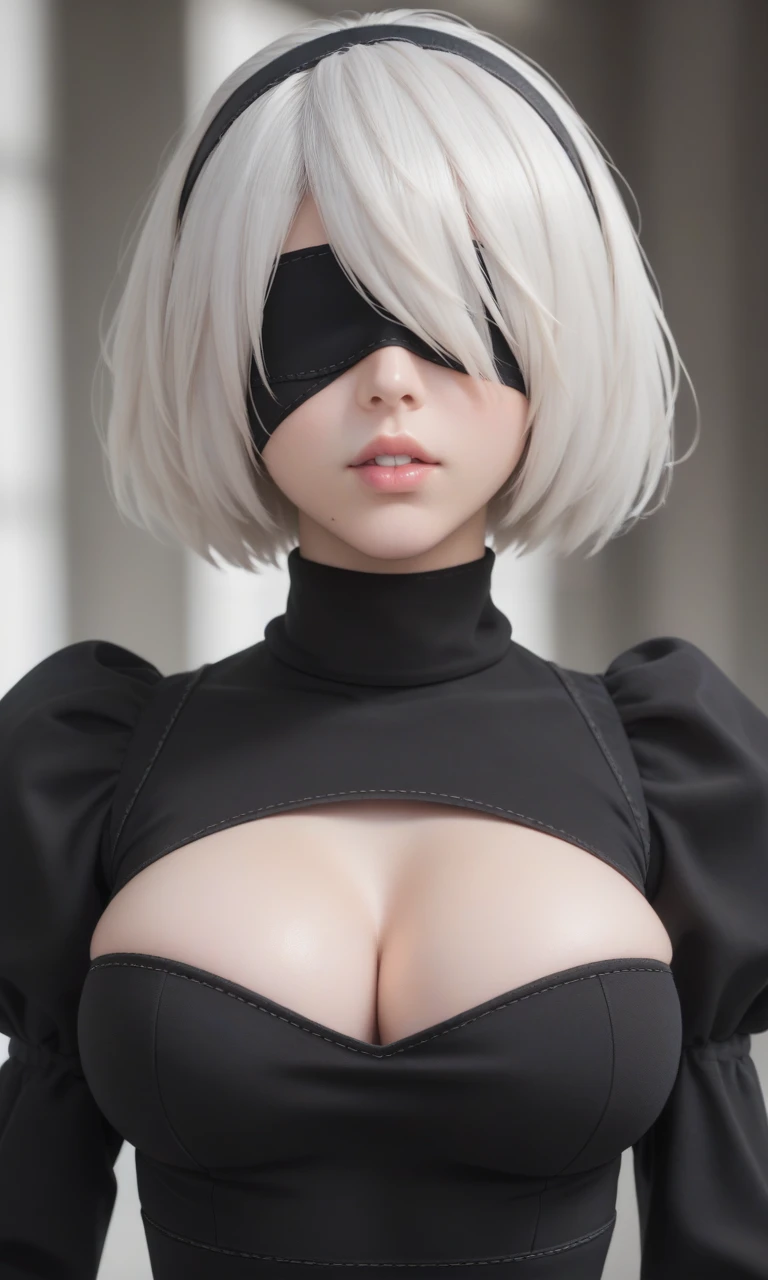 1girl, solo, blindfold, yorha no. 2 type b, black blindfold, upper body, puffy sleeves, dress, short hair, white hair, black dress, juliet sleeves, hairband, breasts, cleavage cutout, long sleeves, parted lips, turtleneck, clothing cutout, black hairband, medium breasts, covered eyes, mole under mouth, mole, lips, pink lips, nose, facing viewer, hair over eyes, teeth