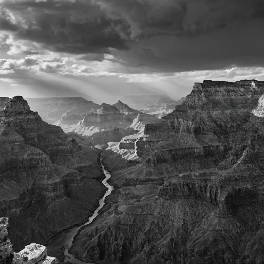 a (black and white:1.5) photo of the Grand Canyon, layered rock formations, dramatic clouds fill the sky, dramatic light, high contrast, extreme details, intricate details, 8k, 35mm photo, photorealism, realistic photo, national geographic style, masterpiece