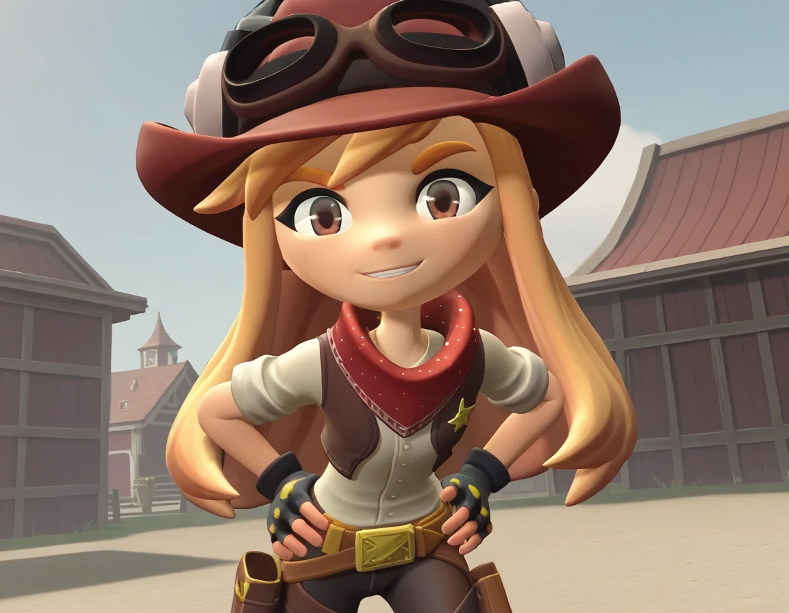 score_9, score_8_up, score_7_up, source_anime,
meggyspletzer, <lora:meggy-spletzer-ponyxl-lora-nochekaiser:1>,
meggy spletzer, long hair, blonde hair, brown eyes, 3d,
gloves, hat, pants, fingerless gloves, eyewear on head, cowboy hat, cowboy western,
outdoors, dessert, hands on hips, smile, bent over,
looking at viewer, cowboy shot, dutch angle, solo,