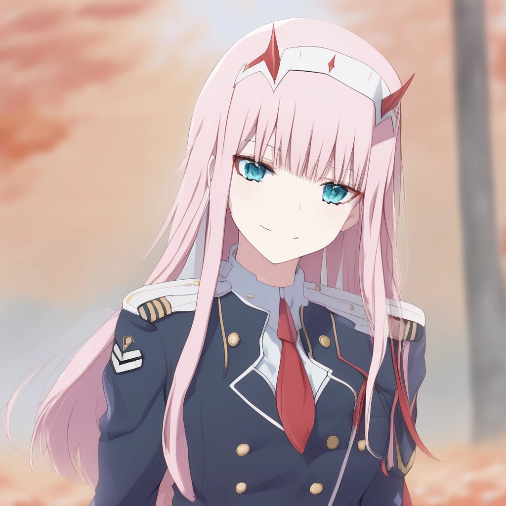 ((masterpiece)), (best quality), official art, extremely detailed CG, unity 8k wallpaper, ultra detailed, 1girl, zero_two, long hair, horns, hairband, white hairband, medium breasts, very long hair, straight hair, red horns, blue eyes,  necktie, uniform, military, military uniform, long sleeves,  (white boots:1.4), black pantyhose, smile, outdoors, upper body,  mountain, autumn leaves, wind,   sketch lines, sketch, pastel, watercolor,