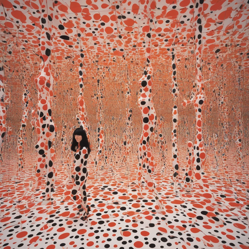 leaving your mark on the world and creating unforgettable memories., often adorned with her signature polka dots. It's like jumping into the colorful and ever-evolving pages of Kusama's soul. A journey through life, repetitive designs that immerse you in a hypnotic world of dots and lines. Kusama's use of symmetry and rhythm creates a sense of balance and harmony