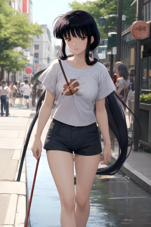 (masterpiece,best quality),kikyou \(inuyasha\), 1girl, solo,<lora:kikyou:1>, dutch angle, t-shirt, short shorts, wading, streeet,more people,city, cityscape, walking