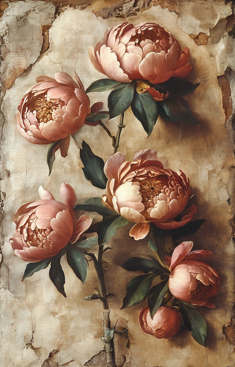 masterpiece,best quality,<lora:tbh193-sdxl:0.9>,illustration,style of Michelangelo Buonarroti, decaying peonies