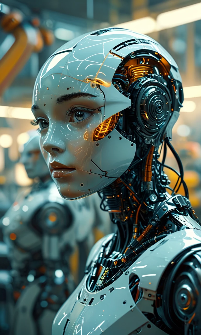 Ultramodern robot with human features, working on an assembly line in a high-tech factory, masterpiece, fantasy, digital art, highly detailed, overall detail, atmospheric lighting, Awash in a haze of light leaks reminiscent of film photography, awesome background, highly detailed styling, studio photo, intricate details, highly detailed, cinematic, <lora:MJ52:0.7>