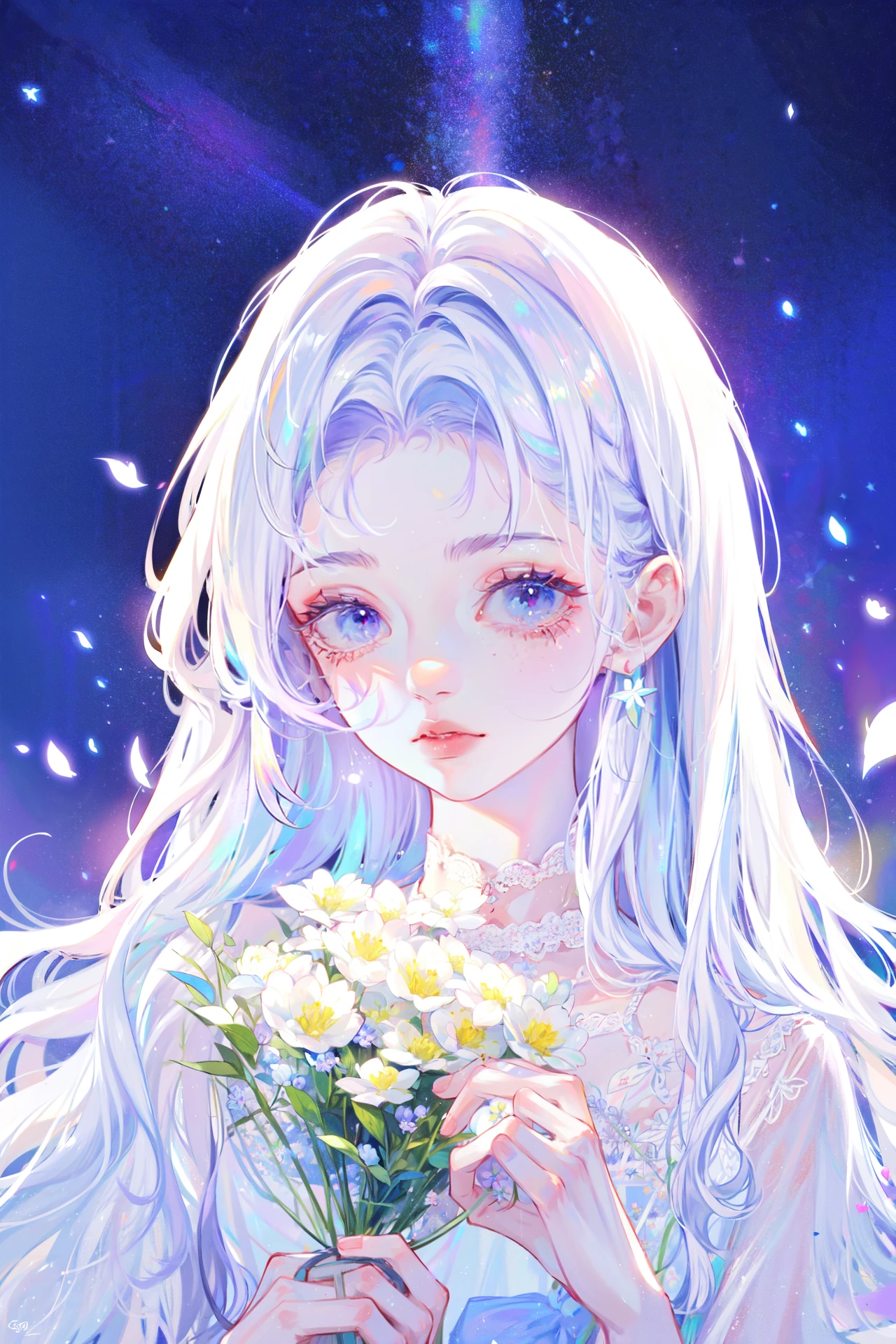 ((best quality, masterpiece, absurbres, super-resolution))1girl, White flower garden, Starry night, white hair, White lace dress, Subsurface Scattering, soft atmosphere lighting