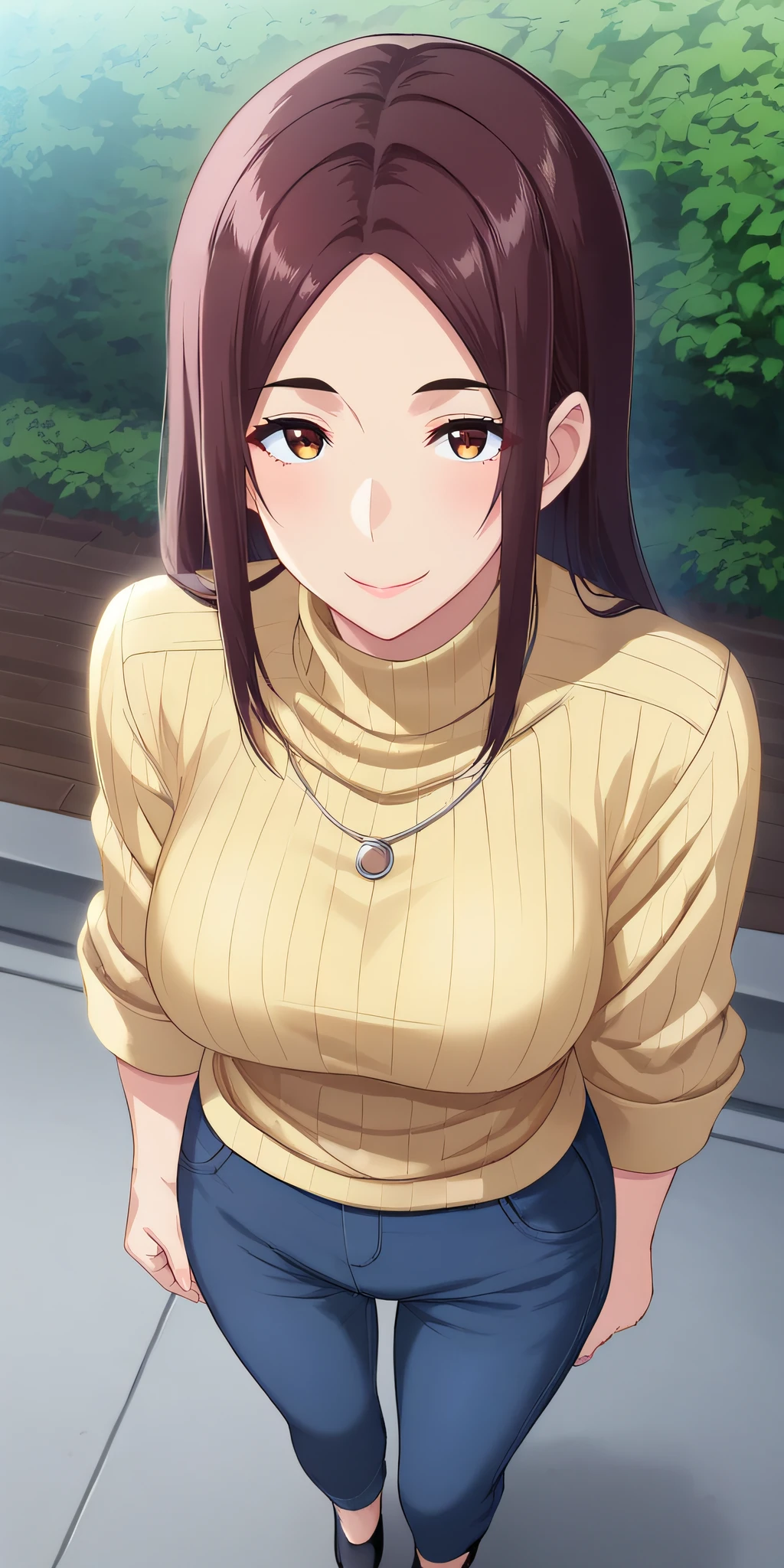 score_9, score_8_up, score_7_up, source_anime, rating_safe, intricate details, anime screencap, official style, <lora:Hazama_Eri:1>, eri, brown eyes, necklace, large breasts, turtleneck, ribbed sweater, yellow sweater, hair over shoulder, looking at viewer, five fingers, blue pants, rolled-up sleeves, arms at sides, outdoor, standing, long sweater, from above, full body, black heel, smile