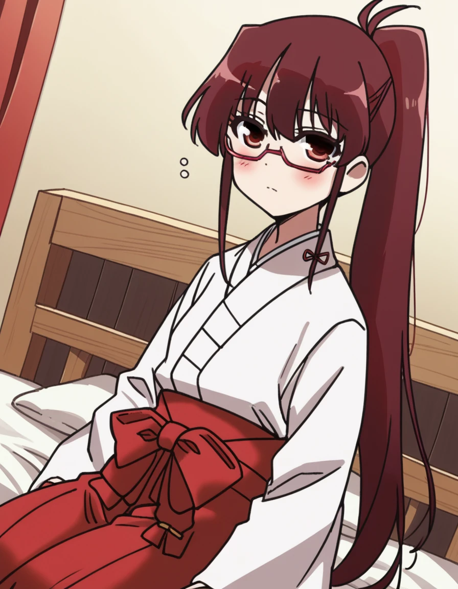score_9, score_8_up, score_7_up, source_anime,
tomoekarijuku, <lora:tomoe-karijuku-s2-ponyxl-lora-nochekaiser:1>,
tomoe karijuku, long hair, red eyes, ponytail, red hair, glasses, semi-rimless eyewear, red-framed eyewear, under-rim eyewear,
skirt, japanese clothes, glasses, hakama, hakama skirt, semi-rimless eyewear, red-framed eyewear, under-rim eyewear, miko, red hakama,
indoors, bed, bed room, on side, blush, drunk,
looking at viewer, cowboy shot, dutch angle, solo,