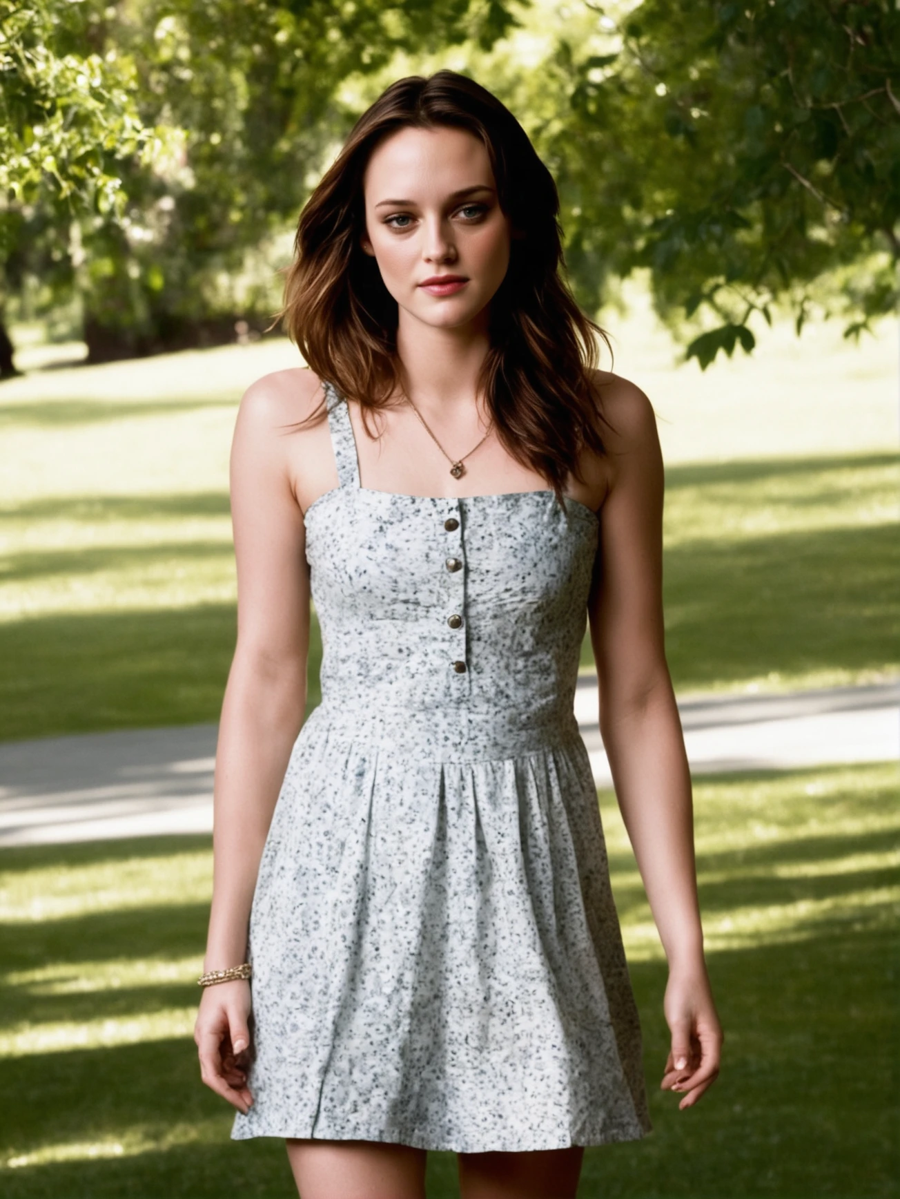 barbsynthxl, standing in the park, wearing a cotton dress,